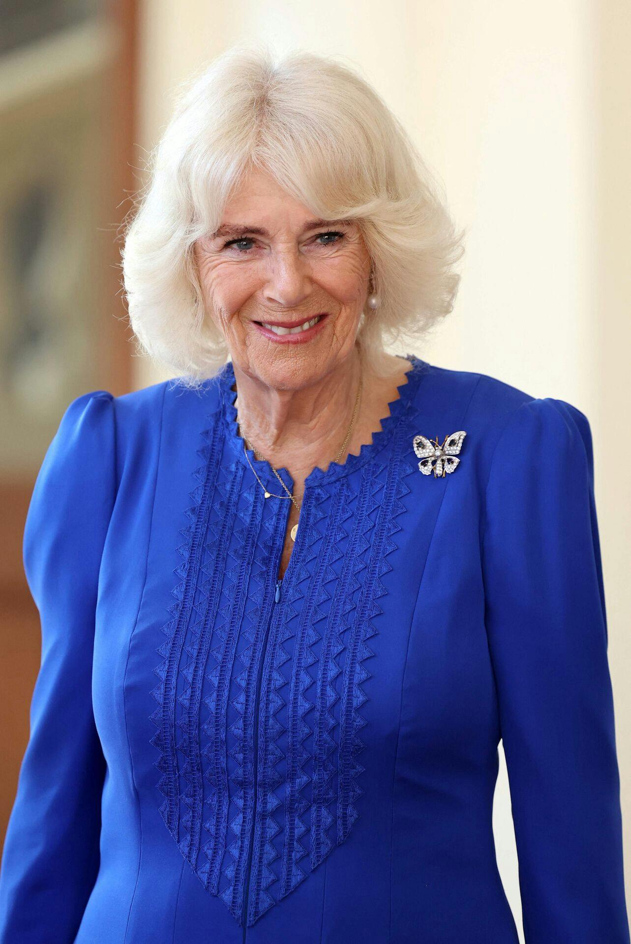 Britain's Queen Camilla smiles after she formally bid farewell to Japan's Emperor Naruhito and Empress Masako at Buckingham Palace in London on June 27, 2024 on the final day of their three-day State Visit to Britain. (Photo by Chris Jackson / POOL / AFP)