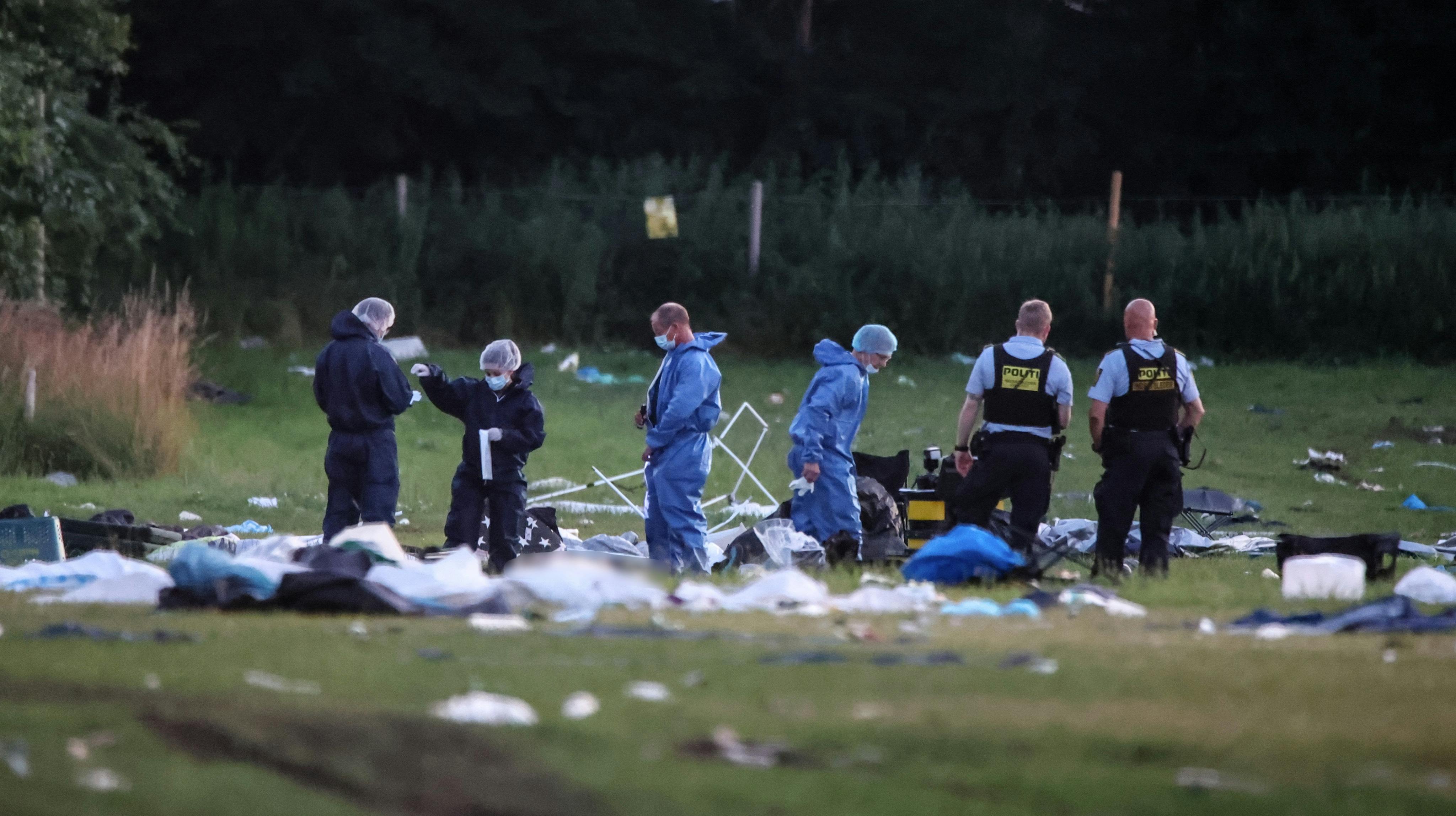 Politiet undersøger en ulykke på teltområdet ved Kamstrupvej i Roskilde torsdag d. 11. Juli 2024. (Foto: Steven Knap/Scanpix 2024)