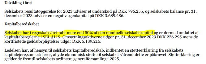 Her er et uddrag af ledelsesberetningen i Aaxman Holding, hvoraf det fremgår, at selskabskapitalen er væk.