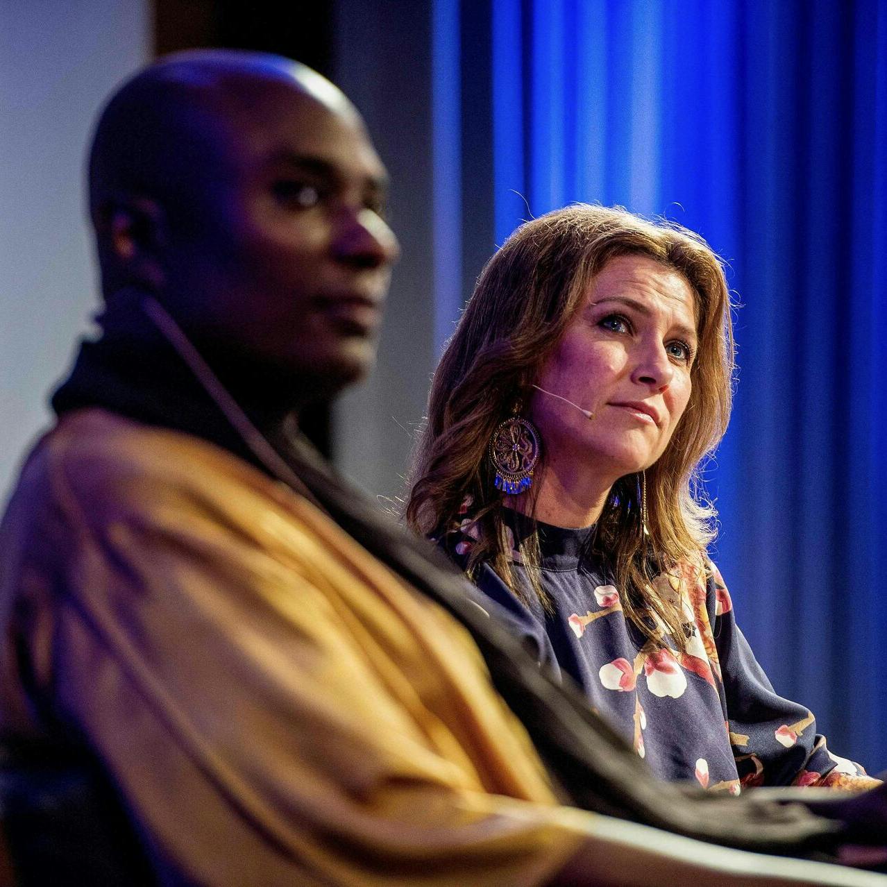 (FILES) In this file photo taken on May 20, 2019 Norwegian princess Maertha poses on stage with shaman Durek Verrett (L) during a session at Clarion hotel in Stavanger, Norway, on May 20, 2019. - Norway's royal court on June 7, 2022 announced the engagement of Princess Martha Louise to her boyfriend and self-professed shaman Durek Verrett. (Photo by Carina Johansen / various sources / AFP) / Norway OUT