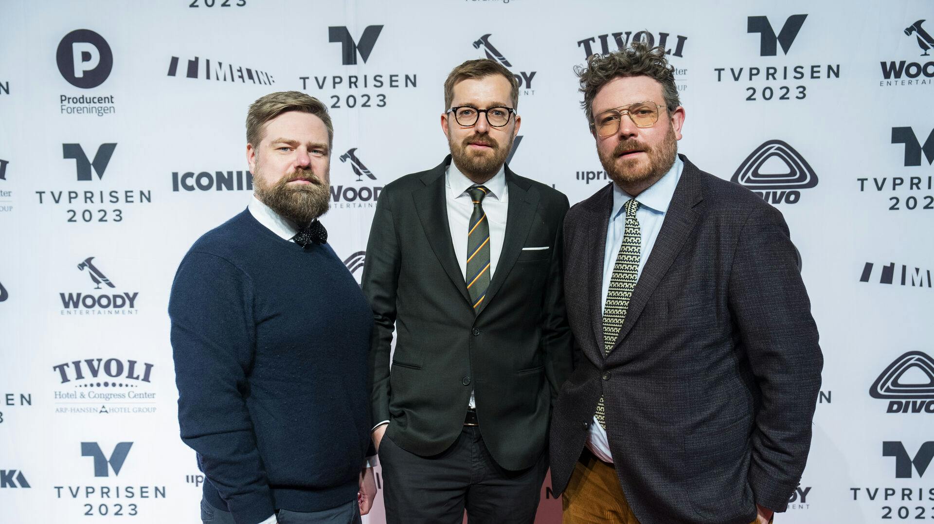 Allan Gravgaard Madsen, Rasmus Bruun og Frederik Cilius. Rød løber før TVPRISEN 2023.