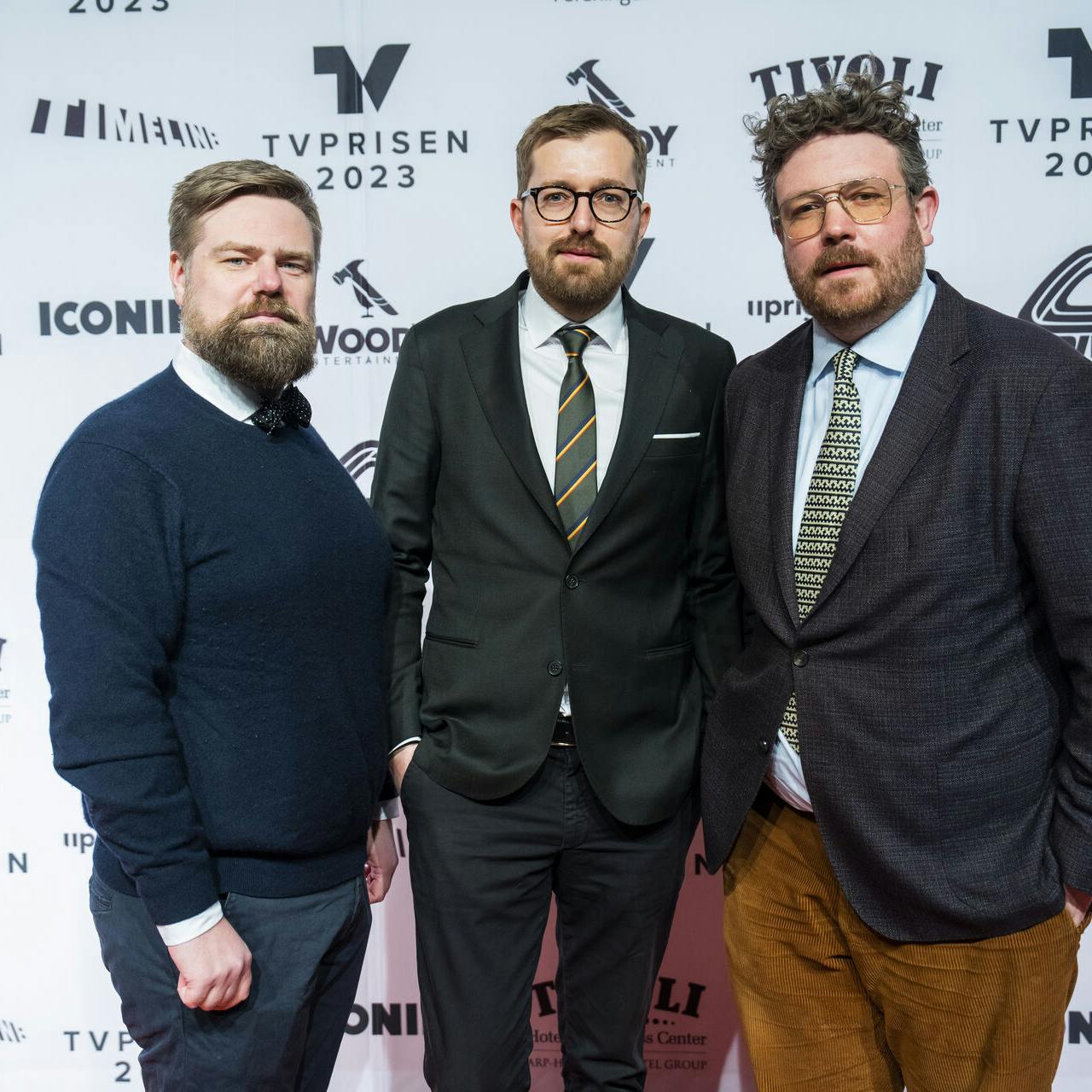 Allan Gravgaard Madsen, Rasmus Bruun og Frederik Cilius. Rød løber før TVPRISEN 2023.