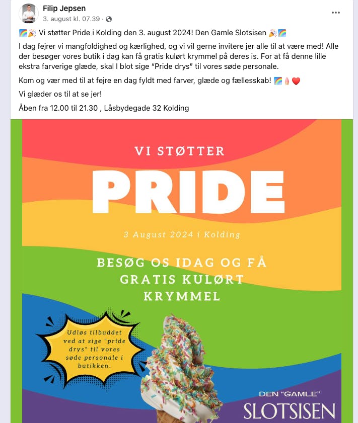Slotsisen i Kolding lagde deres Pride-tilbud på Facebook, og herefter gik det amok.