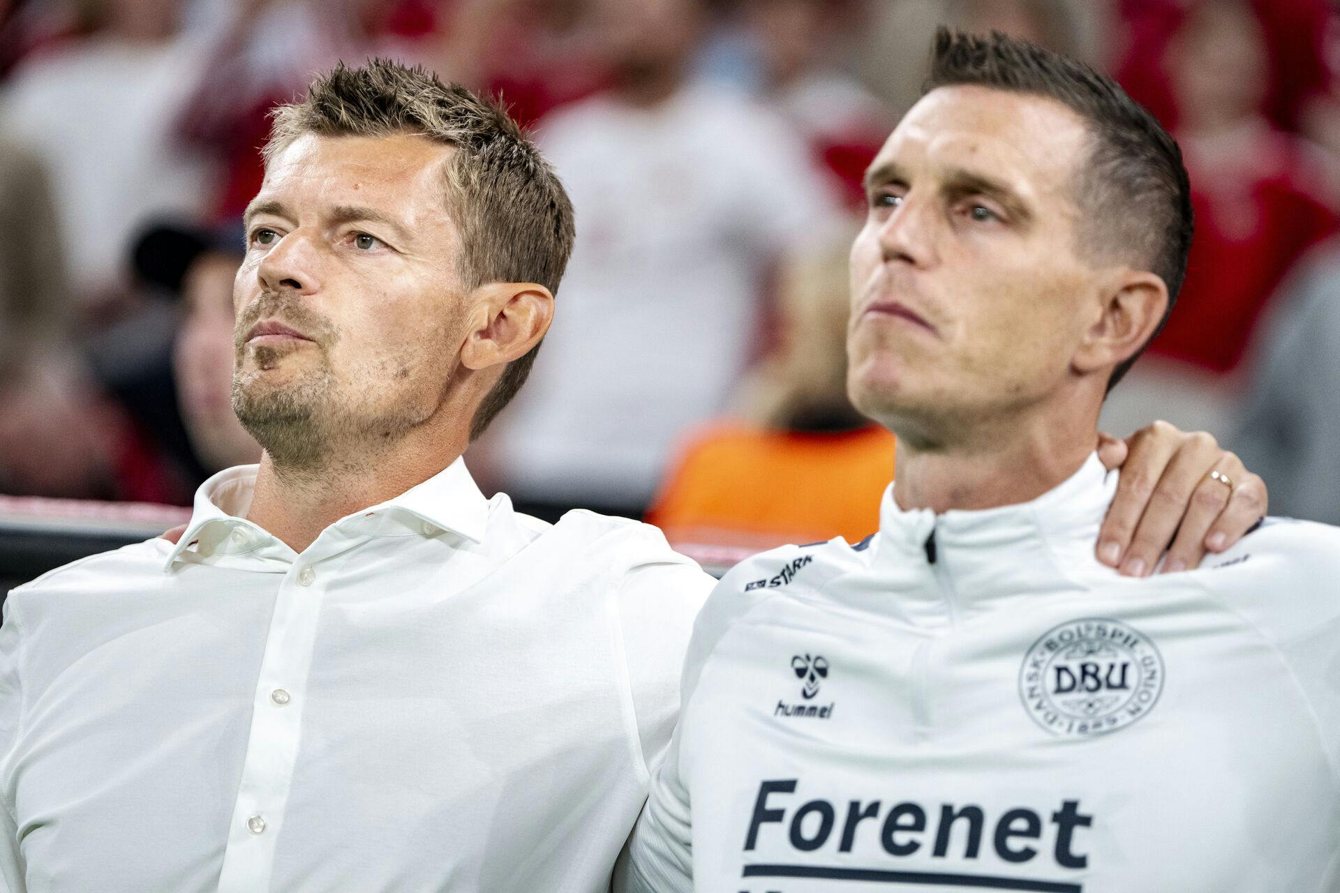 Denmark's acting head coach Lars Knudsen and assistant coach Daniel Agger before the UEFA Nations League match between Denmark and Switzerland at Parken in Copenhagen on Thursday, September 5, 2024.. (Photo: Mads Claus Rasmussen/Ritzau Scanpix)