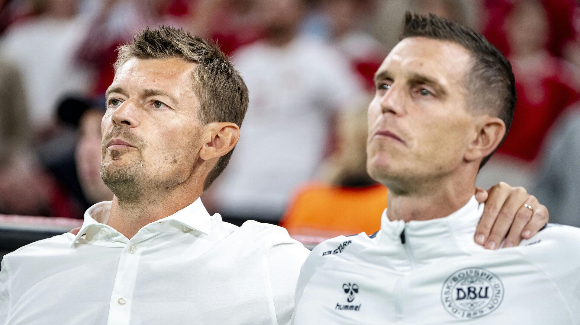 Denmark's acting head coach Lars Knudsen and assistant coach Daniel Agger before the UEFA Nations League match between Denmark and Switzerland at Parken in Copenhagen on Thursday, September 5, 2024.. (Photo: Mads Claus Rasmussen/Ritzau Scanpix)