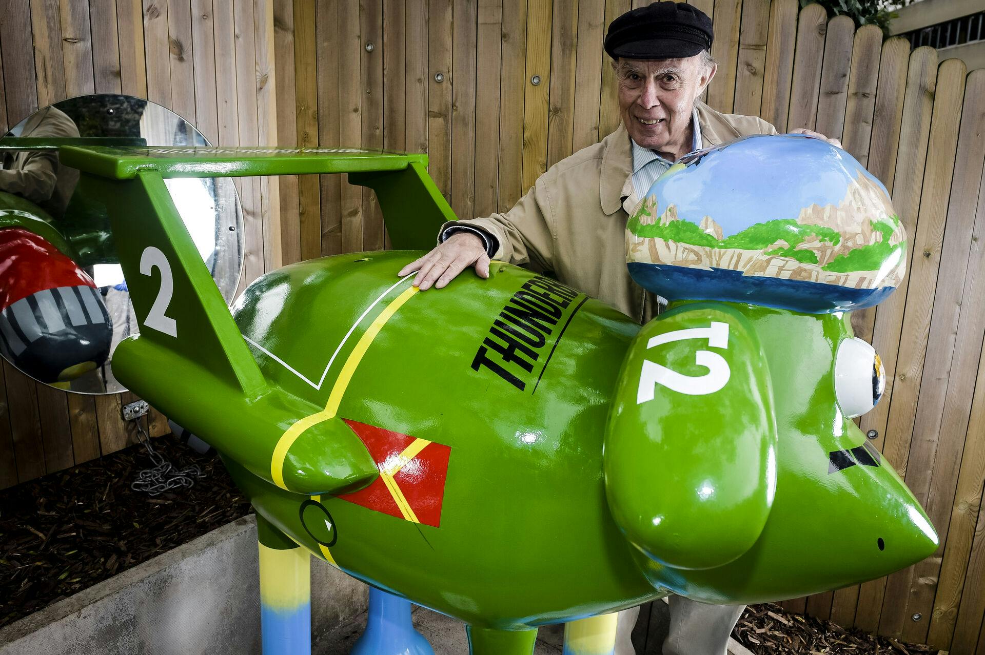 File photo dated 04/08/15 of the voice of Thunderbirds Parker, David Graham, by a sculpture of Shaun the Sheep titled Thunderbirds Are Go. David Graham has died aged 99, it has been confirmed. Issue date: Friday September 20, 2024.