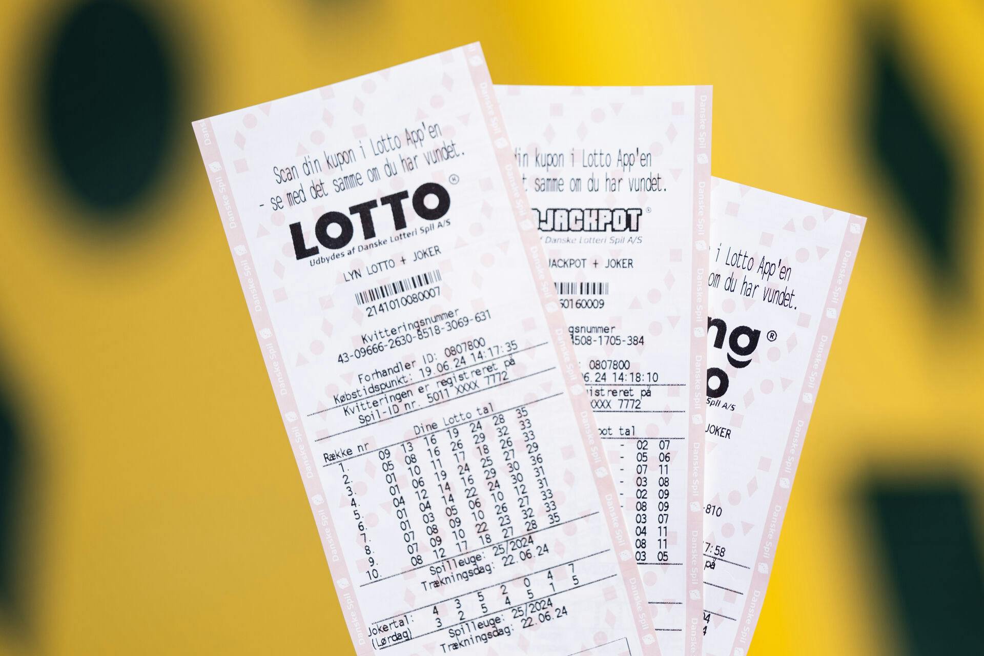 Kuponer til Lotto, Viking Lotto og Eurojackpot hos Danske Spil i Brøndby torsdag den 20. juni 2024.