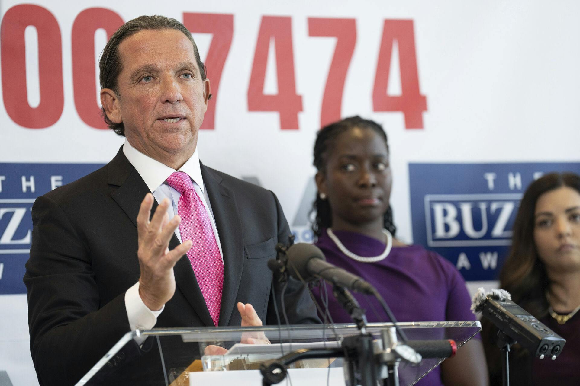 Houston lawyer Tony Buzbee holds a news conference at his office announcing that he's representing 120 accusers who have come forward with sexual misconduct allegations against Sean 'Diddy' Combs, the hip-hop mogul who is awaiting trial on sex trafficking charges, Tuesday, Oct. 1, 2024, in Houston. (Elizabeth Conley/Houston Chronicle via AP)