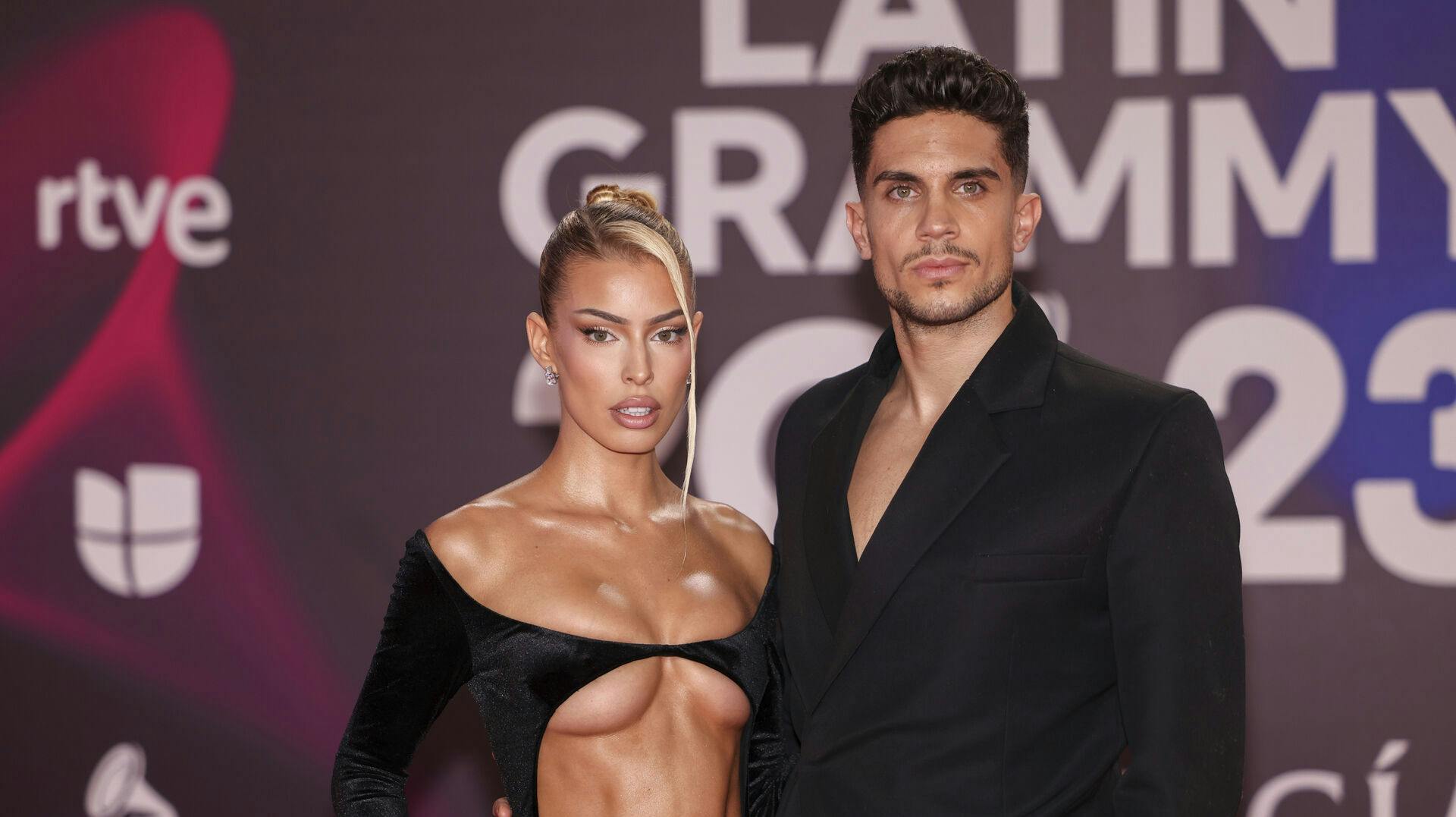 Jessica Goicoechea, left, and Marc Barta arrive at the 24th annual Latin Grammy Awards in Seville, Spain, Thursday, Nov. 16, 2023. (Photo by Vianney Le Caer/Invision/AP)