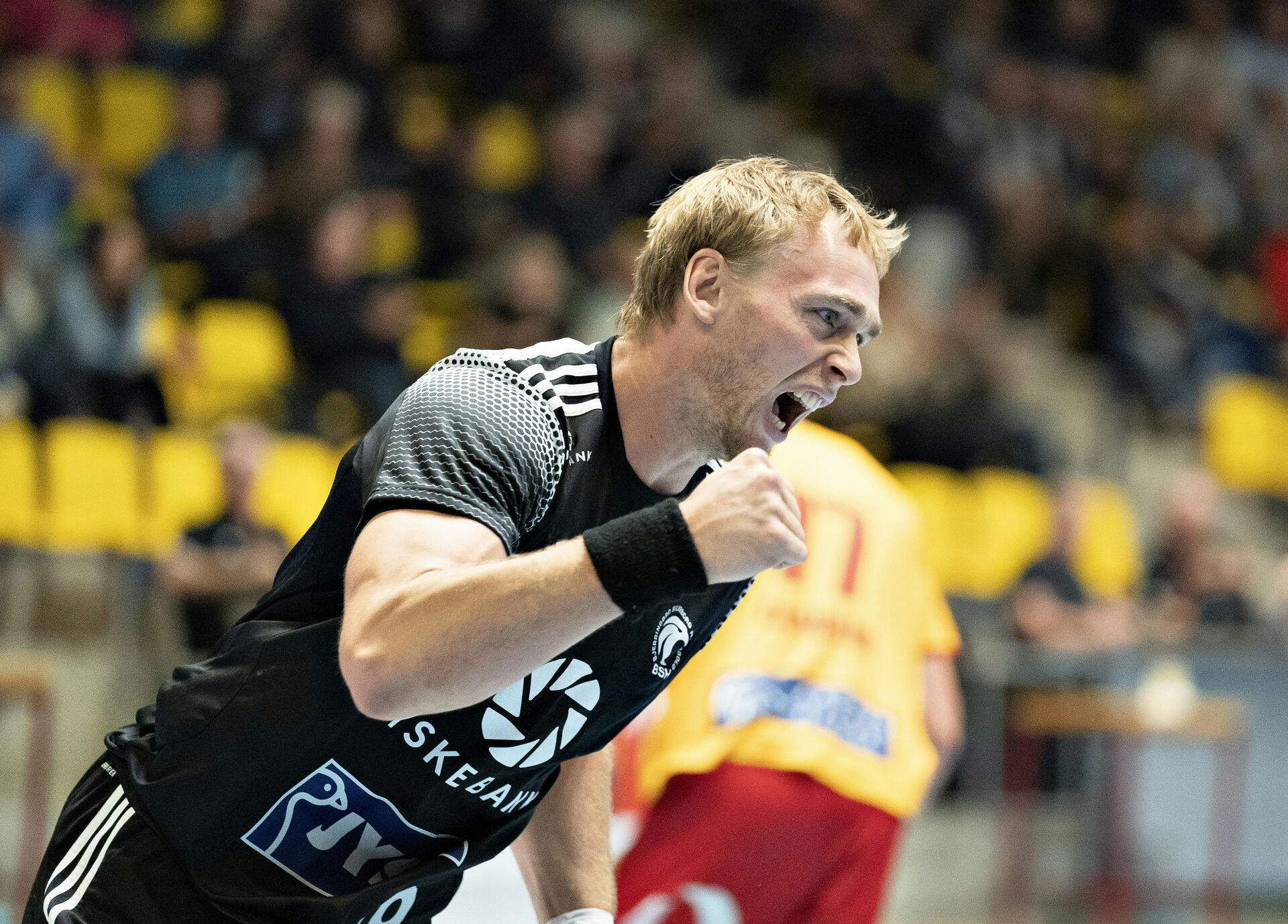 Bjerringbro-Silkeborgs Rene Toft Hansen jubler i herrehåndbold ligakampen mellem Bjerringbro-Silkeborg og GOG i Jysk Arena Silkeborg, onsdag den 9. september 2020.. (Foto: Henning Bagger/Ritzau Scanpix)