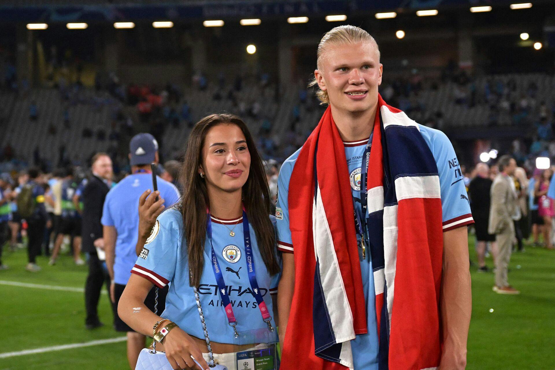 Erling Haaland og Isabel Haugseng Johansen, da Manchester City vandt Champions League i 2023.