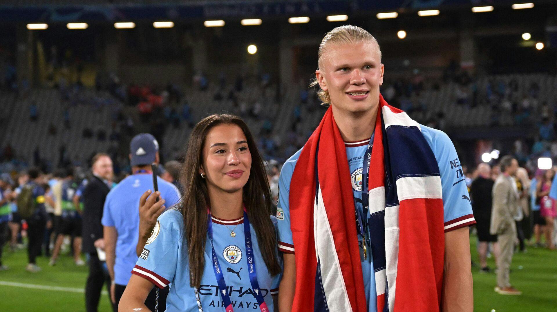 Erling Haaland og Isabel Haugseng Johansen, da Manchester City vandt Champions League i 2023.
