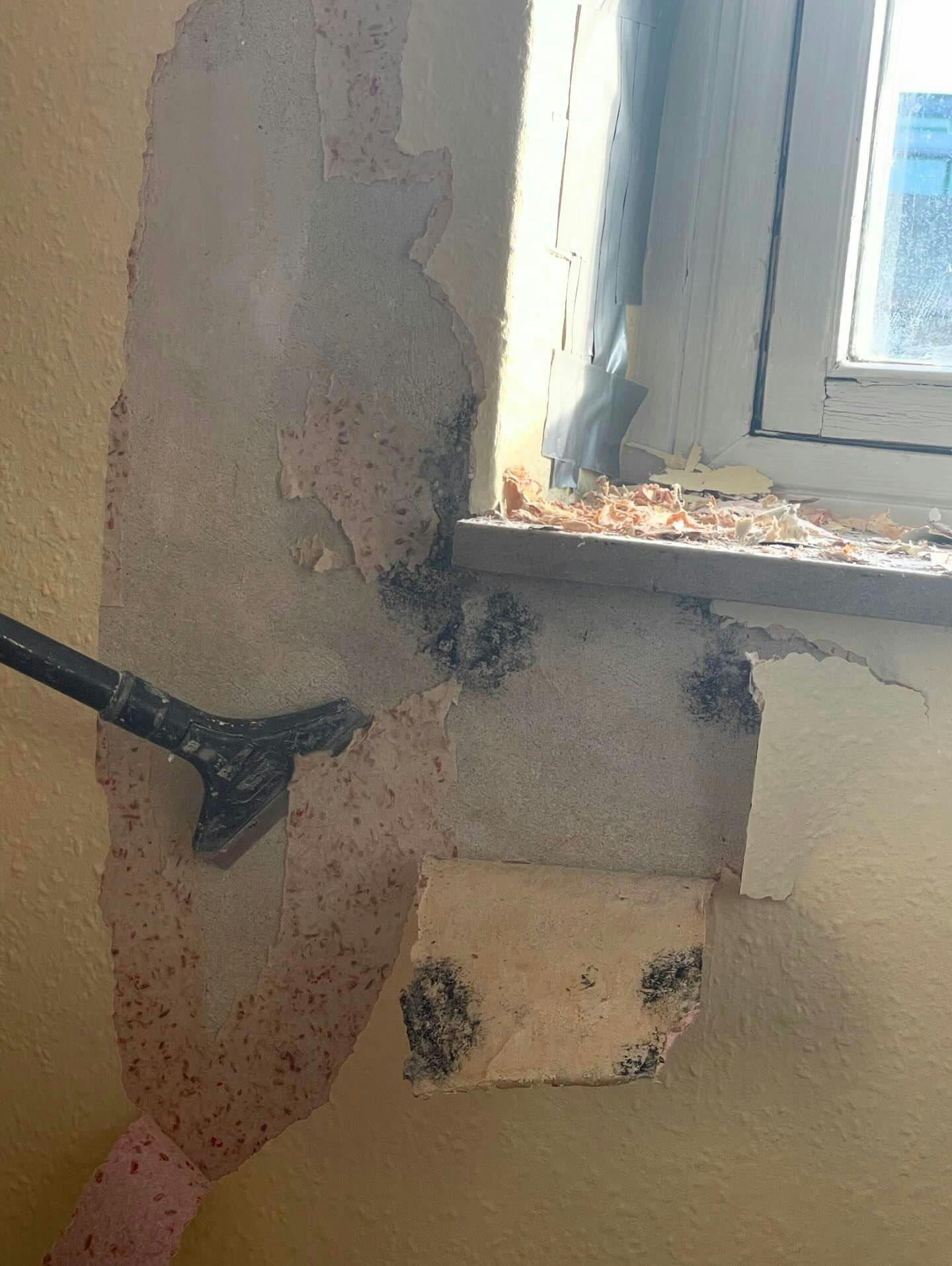 Sådan så væggene ud bag tapeten, som Joy Petersen selv fjernede.