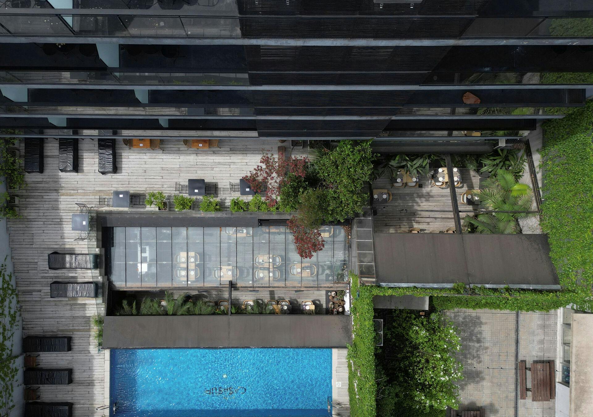 A drone view shows part of the hotel where Liam Payne, former One Direction band member, was found dead after he fell from a third-floor hotel room balcony, in Buenos Aires, Argentina, October 17, 2024. REUTERS/Tomas Cuesta