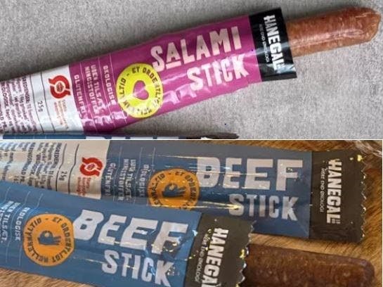 Snackpølserne Salami Stick og Beef Stick fra Hanegal A/S tilbagekaldes.&nbsp;