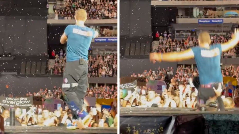 Det var dramatisk, da Chris Martin pludselig røg i hullet under søndagens koncert i Australien. 