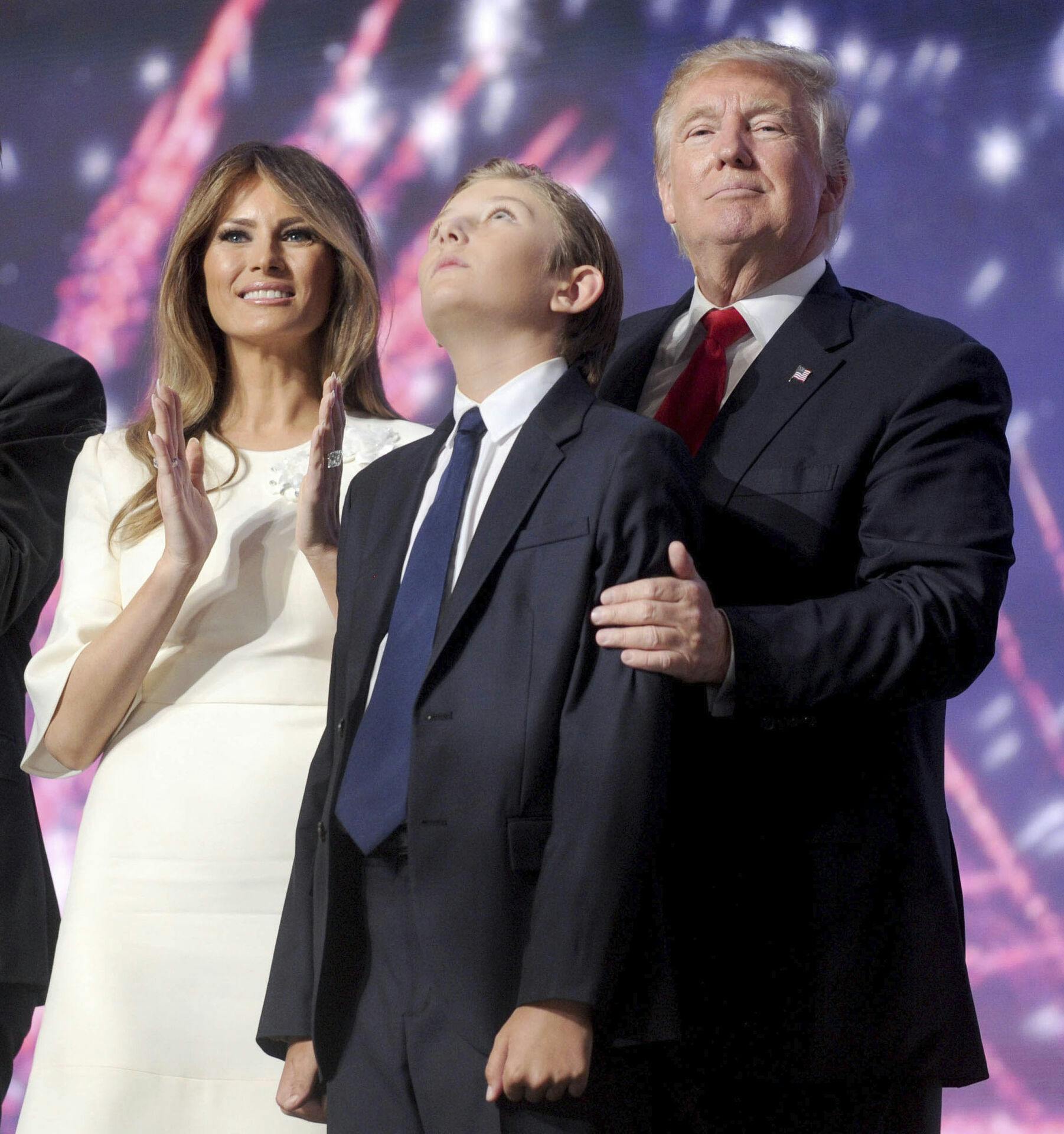 OCTOBER 14th 2020: Barron Trump - son of President of The United States of America Donald Trump and First Lady Melania Trump - has tested positive for the COVID-19 coronavirus. - File Photo by: zz/Dennis Van Tine/STAR MAX/IPx 2016 7/21/16 Donald Trump and Melania Trump with their son Barron Trump at Day 4 of The Republican National Convention on July 21, 2016 in Cleveland, Ohio.