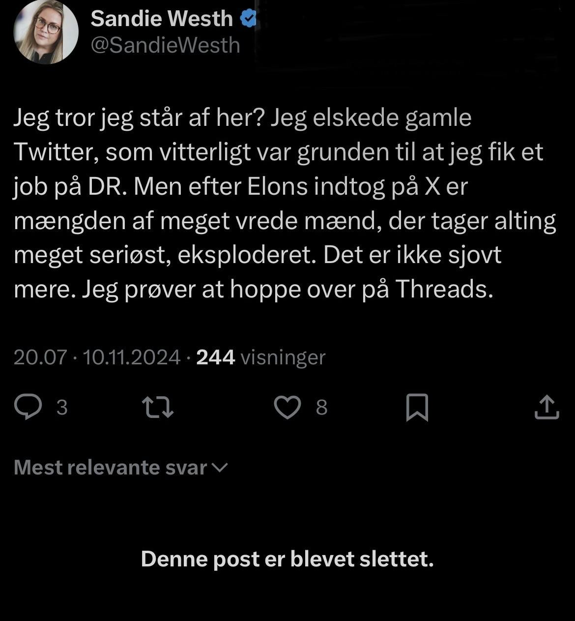 Sådan så Sandie Wesths sidste opslag ud på X.