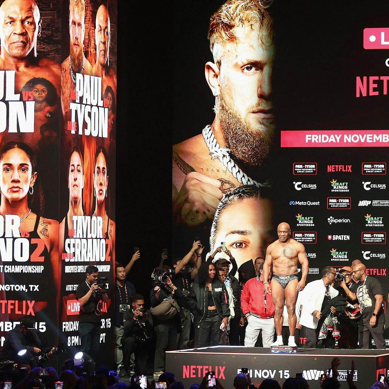 IRVING, TEXAS - NOVEMBER 14: Mike Tyson poses on the scale during his ceremonial weigh-in at The Pavilion at Toyota Music Factory on November 14, 2024 in Irving, Texas. Tyson is scheduled to meet Jake Paul in a heavyweight bout on November 15 at AT&T Stadium in Arlington, Texas. Christian Petersen/Getty Images/AFP (Photo by Christian Petersen / GETTY IMAGES NORTH AMERICA / Getty Images via AFP)