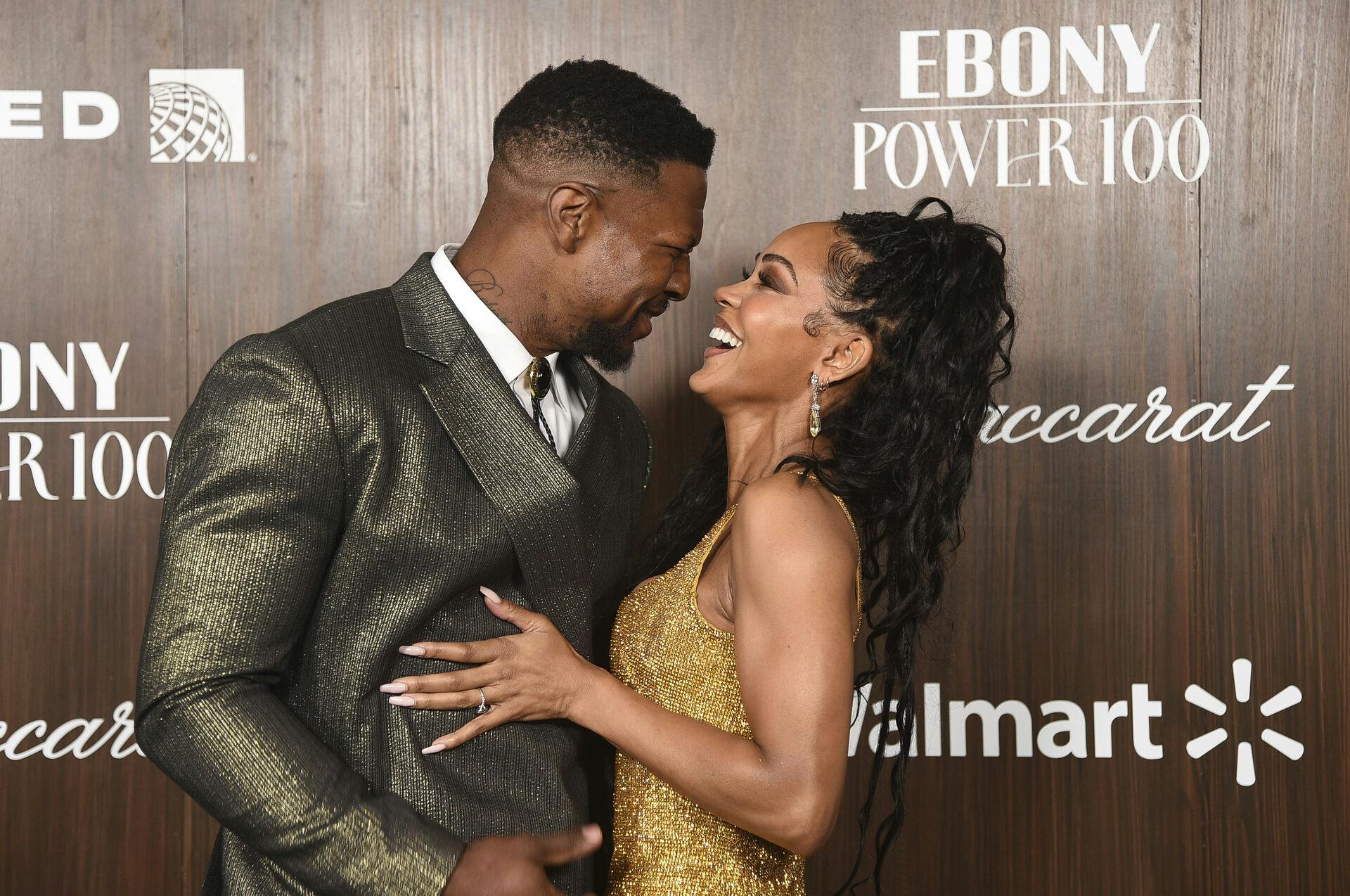 Jonathan Majors, left, and Meagan Good arrive at EBONY Power 100 on Sunday, Nov. 17, 2024, at nya studios WEST in Los Angeles. (Photo by Richard Shotwell/Invision/AP)