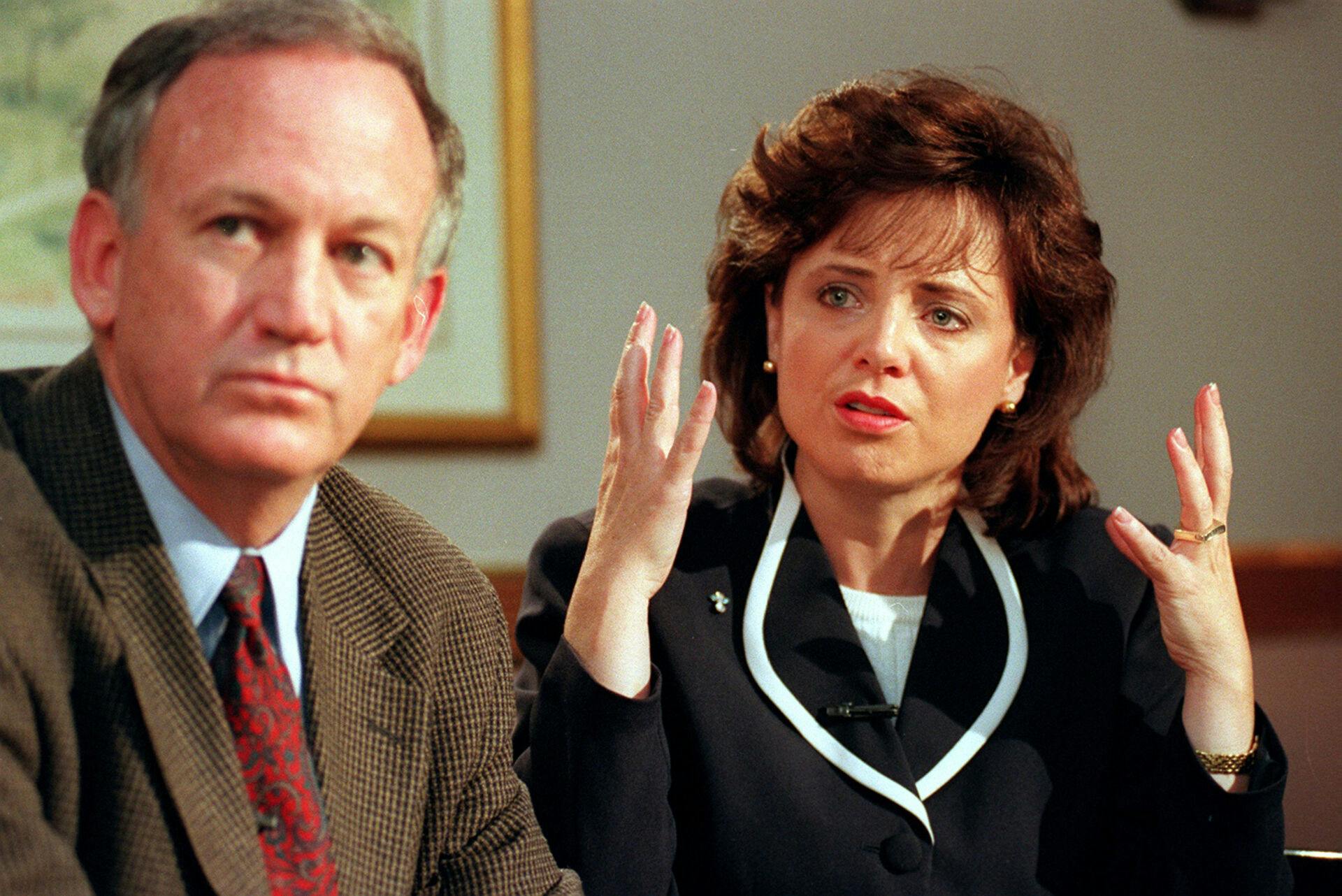 ** FILE ** John and Patsy Ramsey speak during a news conference May 1, 1997, in Boulder, Colo. Patsy Ramsey, who was thrust into the national spotlight by the unsolved 1996 slaying of her daughter, 6-year-old beauty pageant contestant JonBenet, died Saturday, June 24, 2006, following a long battle with ovarian cancer, her lawyer said. She was 49. (AP Photo/The Denver Post, Helen H. Davis)