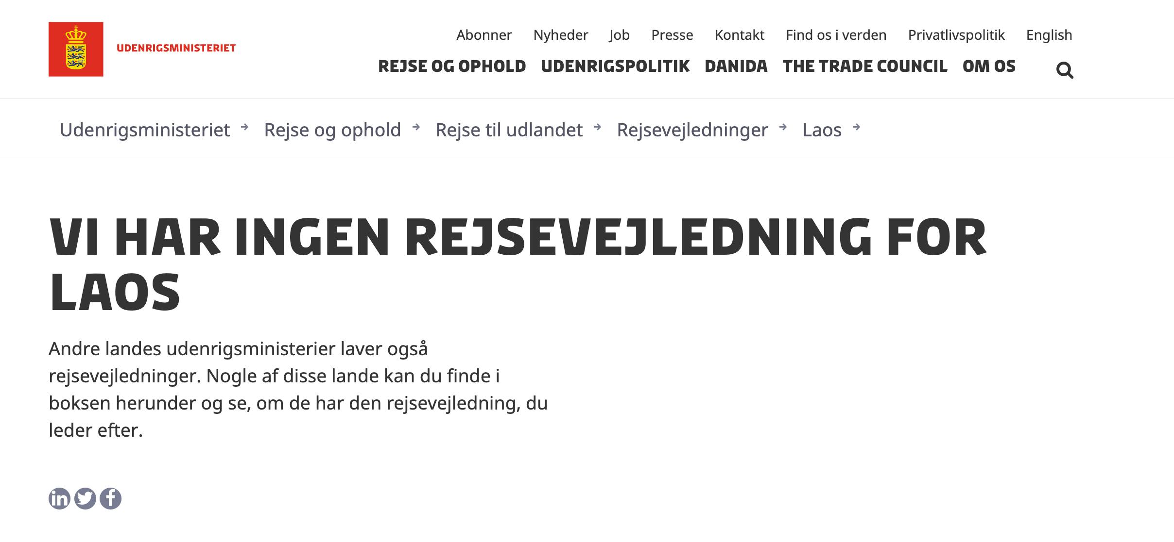 Sådan så ministeriets vejledning for Laos ud lørdag. Advarslen ligger ulogisk nok ikke i rejsevejledningen men et helt andet sted på hjemmesiden.