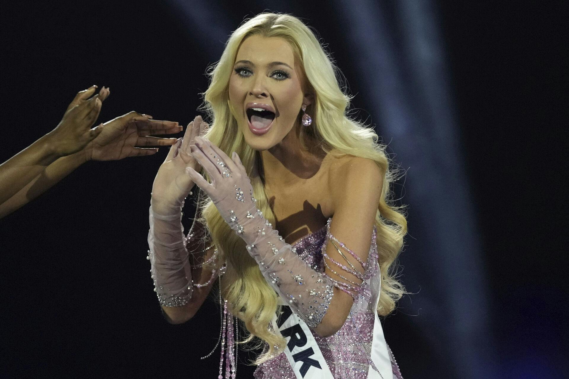 Miss Denmark Victoria Kjær Theilvig reacts after winning the 73rd Miss Universe Beauty Pageant in Mexico City, Saturday, Nov. 16, 2024. (AP Photo/Fernando Llano)