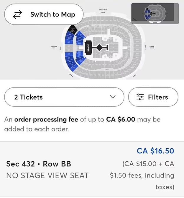 Sådan så det ud på Ticketmaster, hvor der informeres om, at de billige Taylor Swift-billetter er uden kig til scenen.