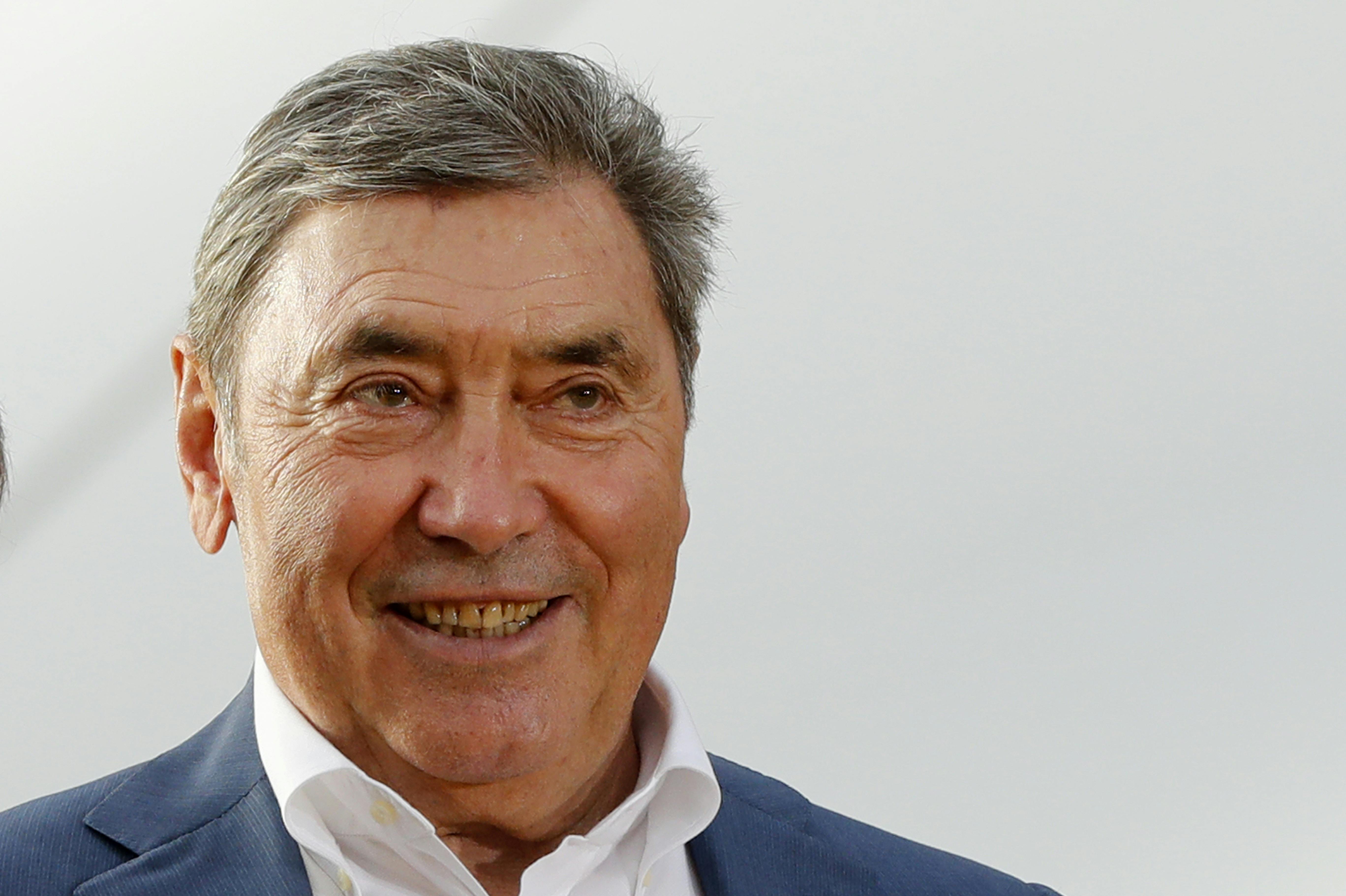 Former Belgian cycling champion Eddy Merckx is pictured during the podium ceremony after the 21st and last stage of the Tour de France cycling race, Sunday, July 29, 2018 in Paris. (AP Photo/Laurent Rebours)