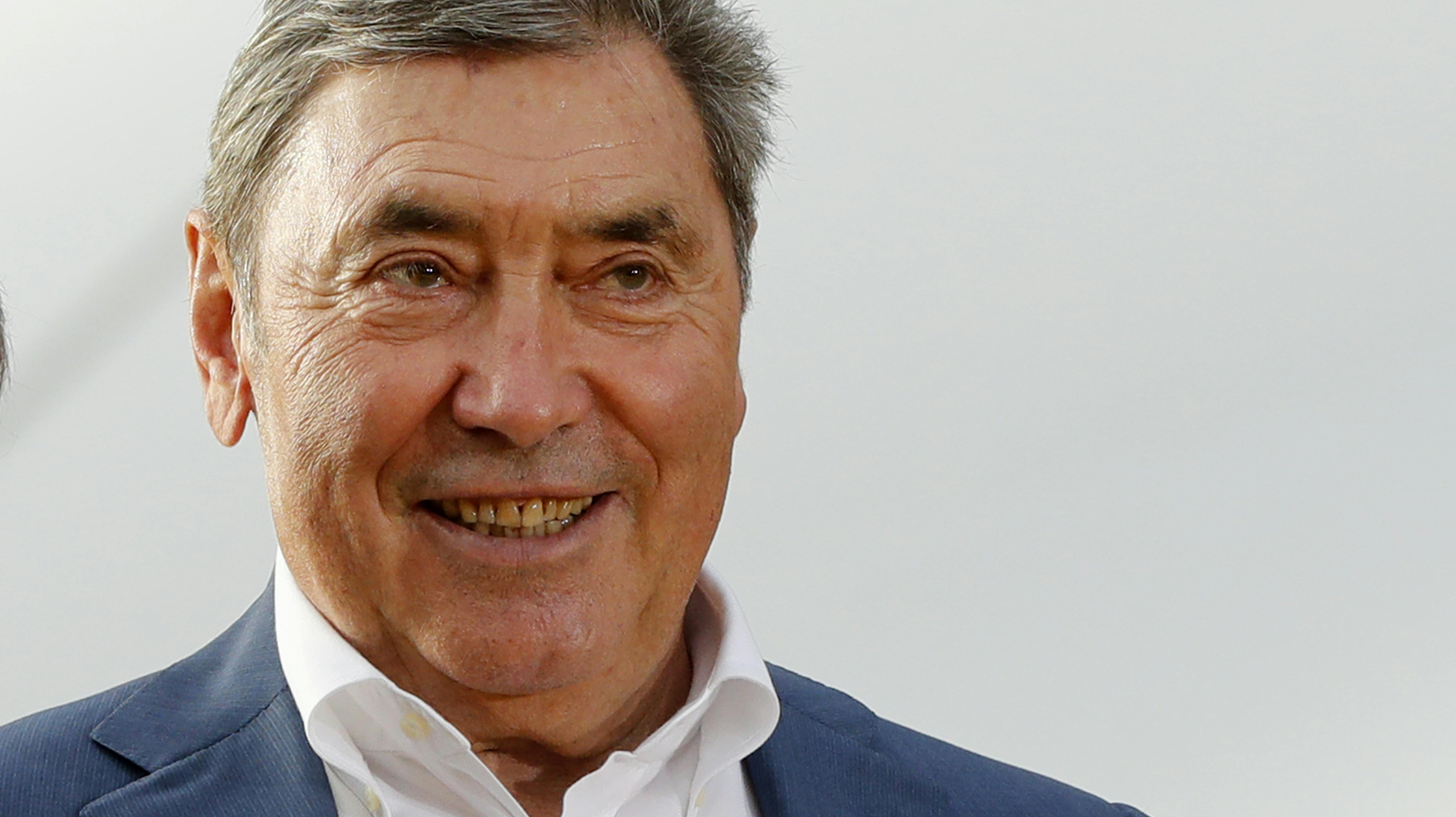 Former Belgian cycling champion Eddy Merckx is pictured during the podium ceremony after the 21st and last stage of the Tour de France cycling race, Sunday, July 29, 2018 in Paris. (AP Photo/Laurent Rebours)
