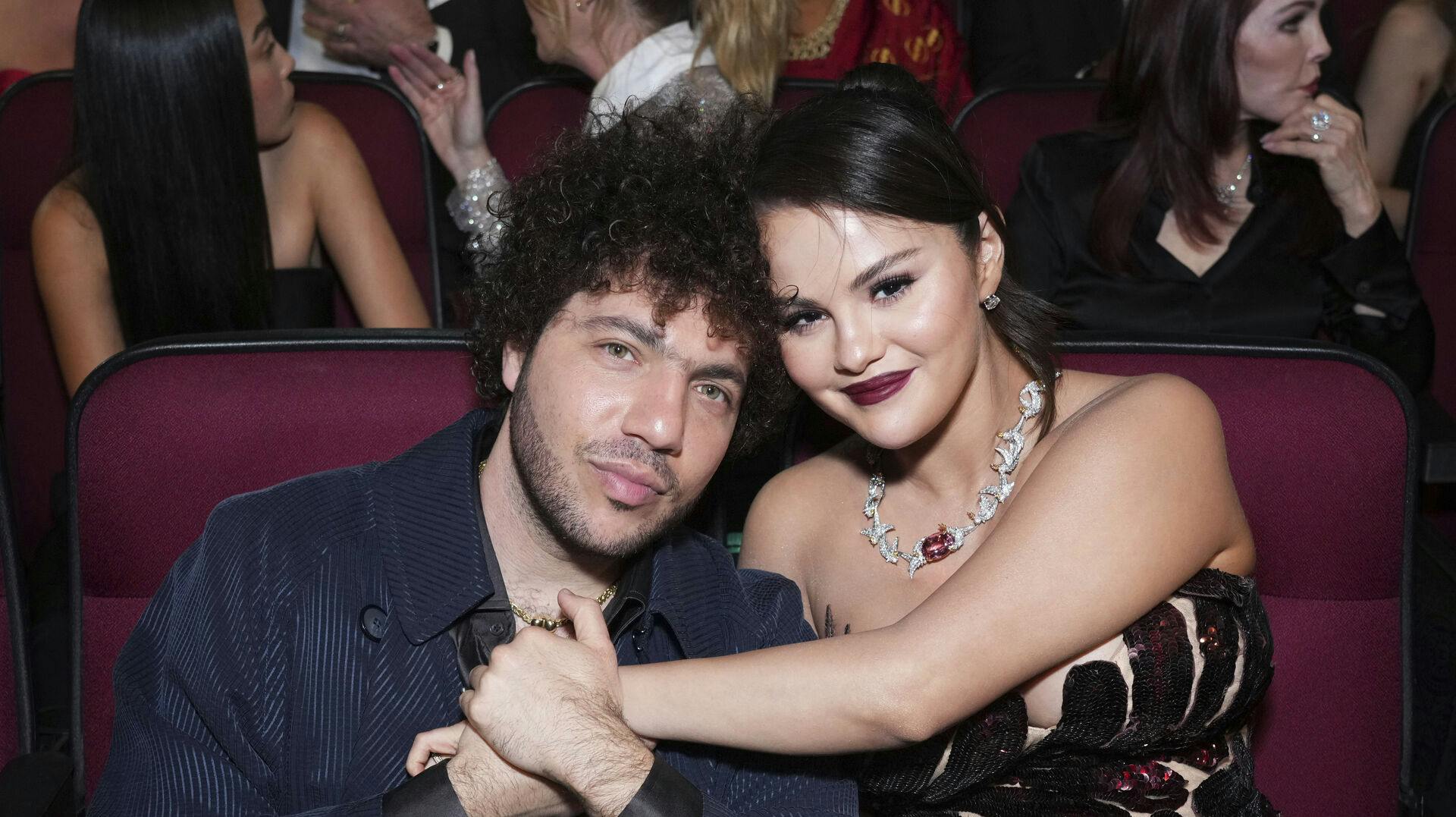 Benny Blanco and Selena Gomez at the 75th Emmy Awards on Monday, Jan. 15, 2024 at the Peacock Theater in Los Angeles. (Photo by Jordan Strauss/Invision for the Television Academy/AP Images)
