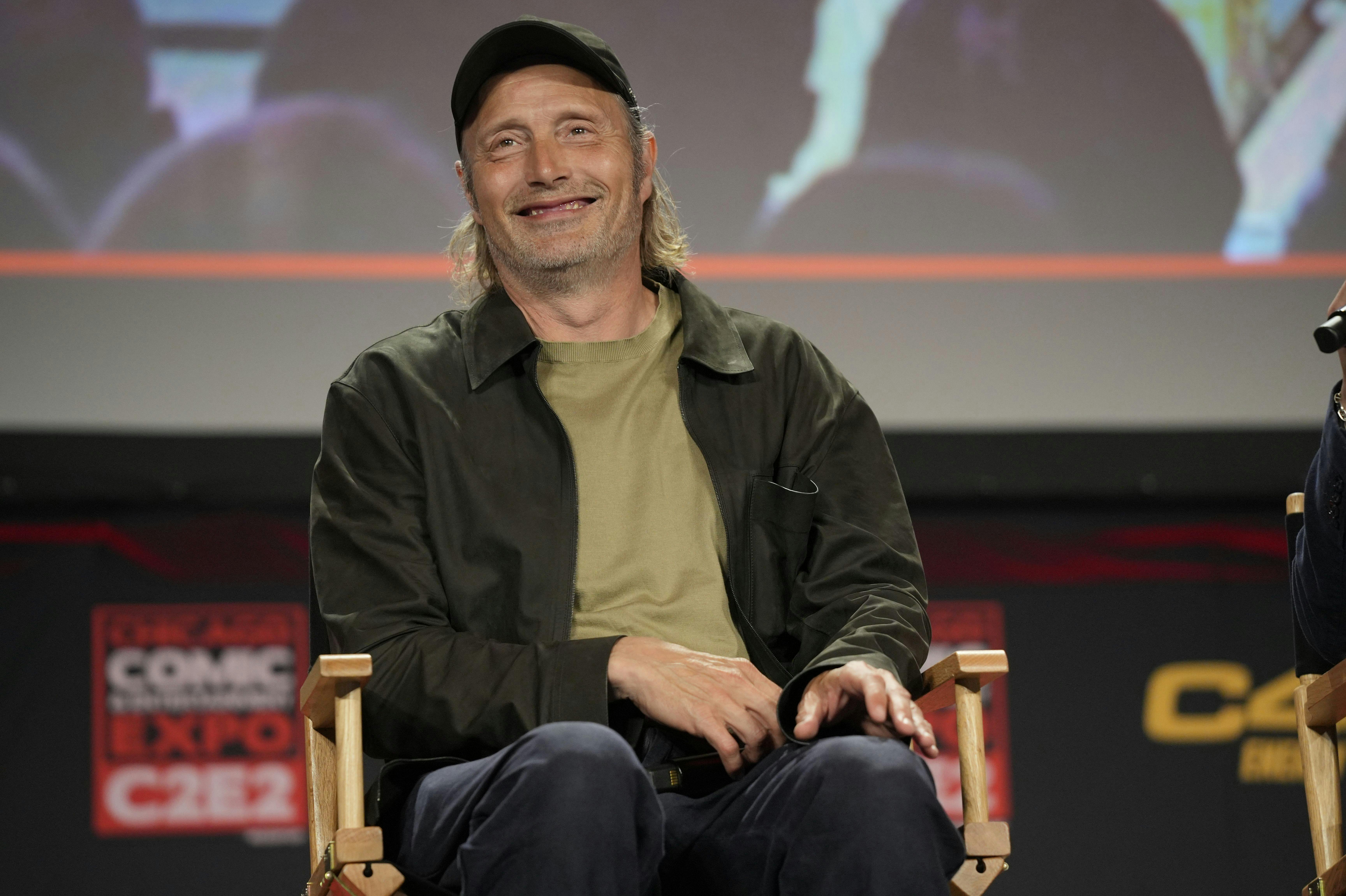 Mads Mikkelsen participates during a Q&A panel at the Chicago Comic & Entertainment Expo on Saturday, April 27, 2024, in Chicago. (Photo by Rob Grabowski/Invision/AP)