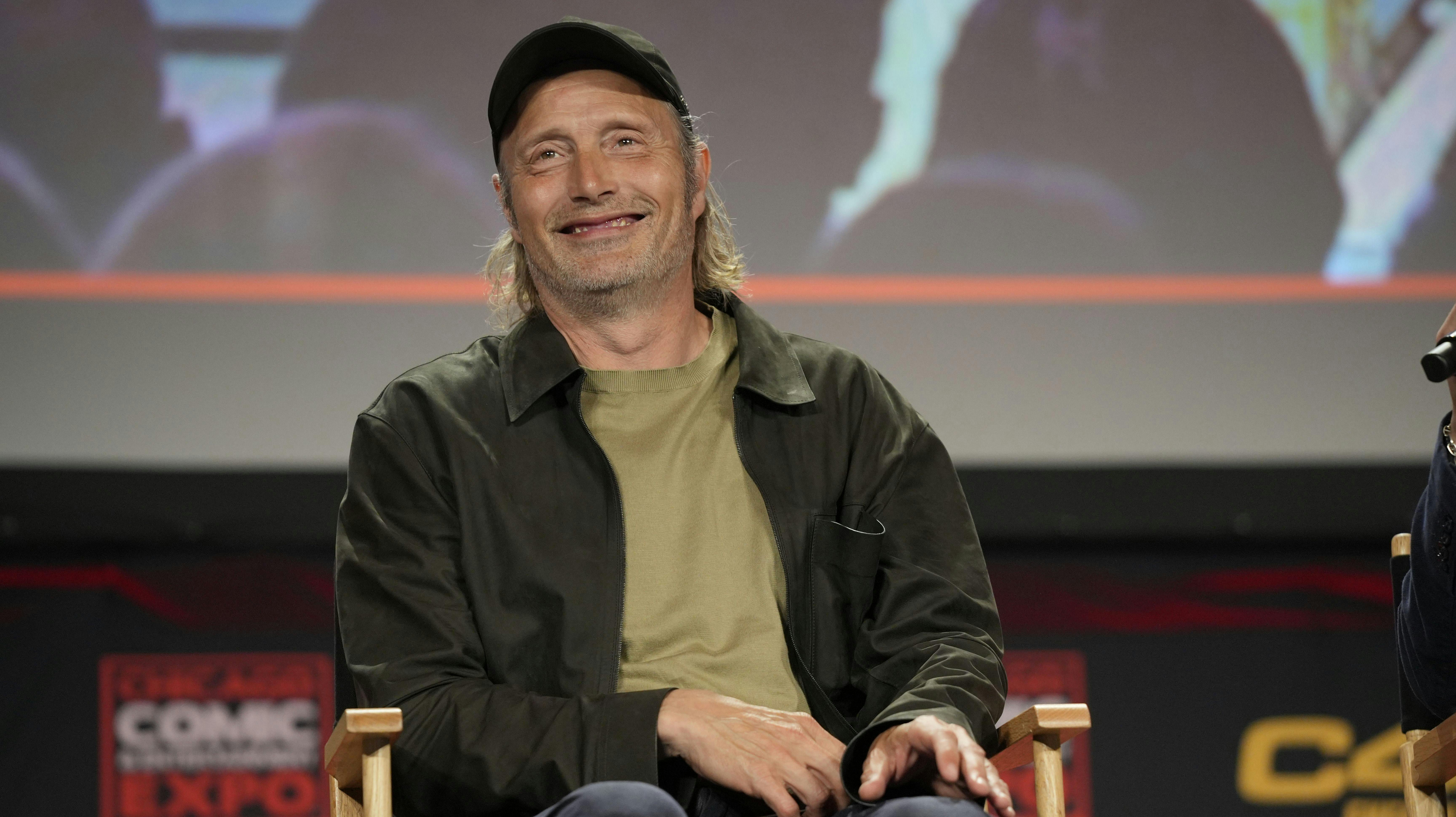 Mads Mikkelsen participates during a Q&A panel at the Chicago Comic & Entertainment Expo on Saturday, April 27, 2024, in Chicago. (Photo by Rob Grabowski/Invision/AP)
