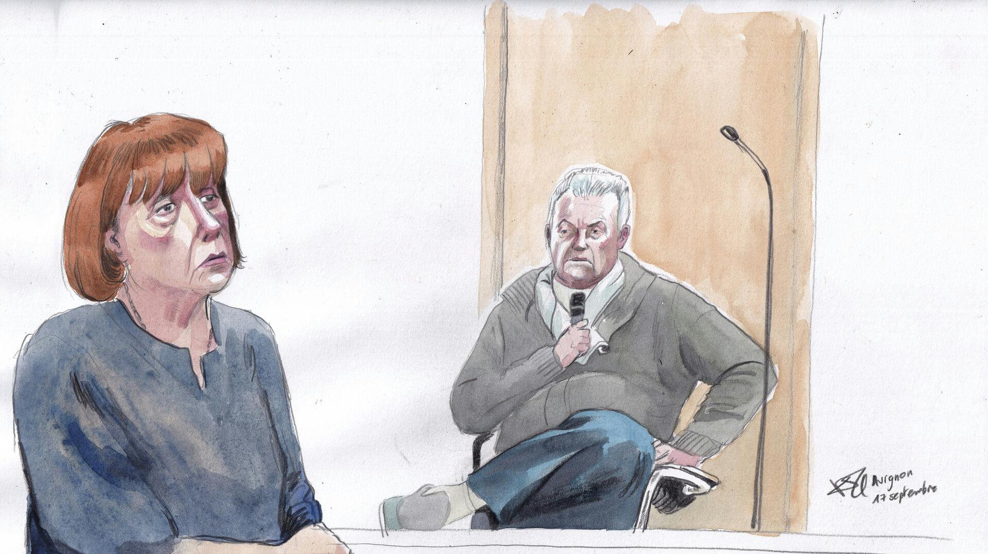 FILE - This courtroom sketch by Valentin Pasquier shows Gisèle Pelicot, left, and her ex-husband Dominique Pelicot, right, during his trial at the courthouse in Avignon, southern France, on Sept. 17, 2024. (AP Photo/Valentin Pasquier, File)