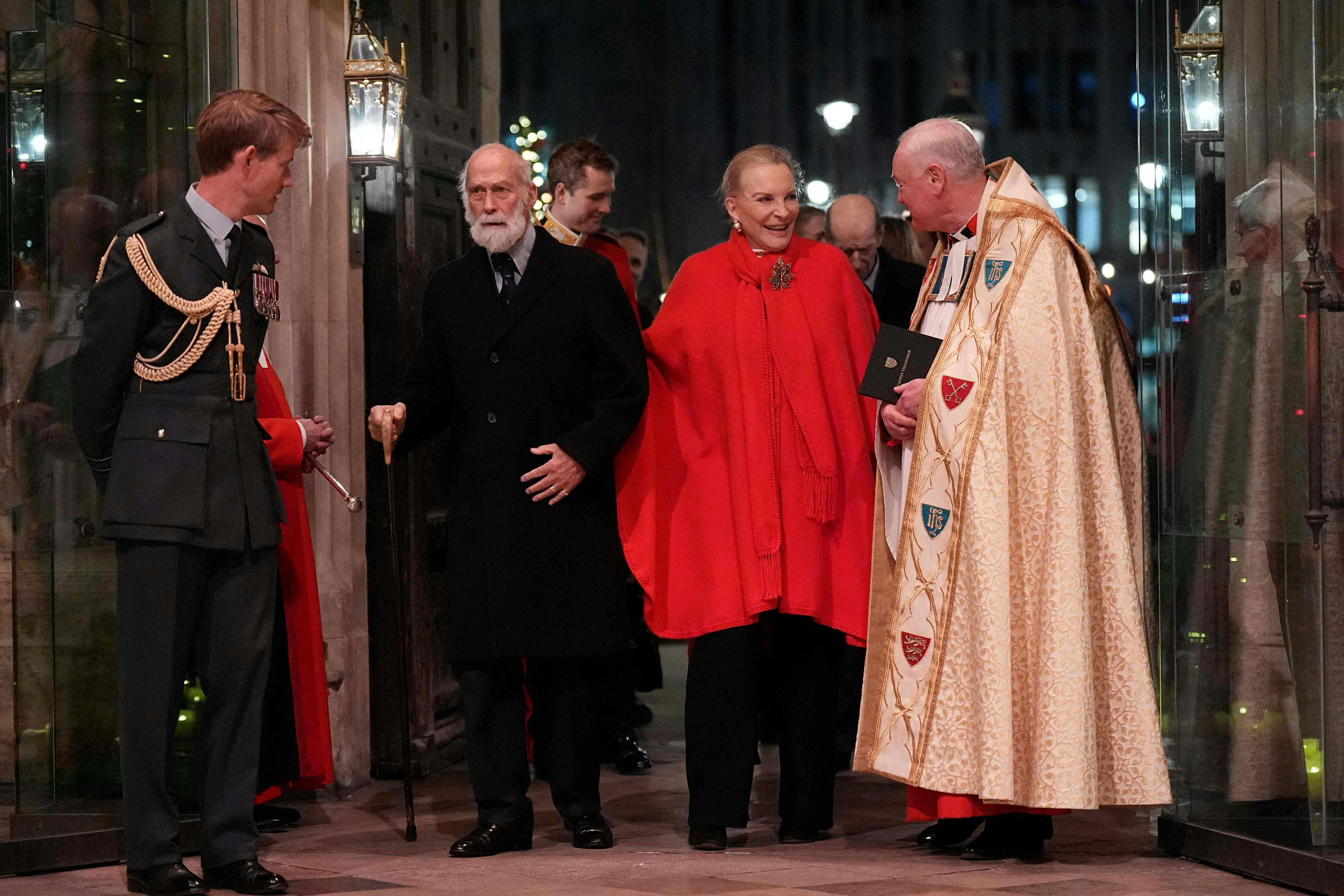 Britain's Prince Michael of Kent and Britain's Princess Michael of Kent arrive to attend the "Together At Christmas" Carol Service" at Westminster Abbey in London on December 6, 2024. Britain's Catherine, Princess of Wales is organizing her traditional Christmas carol concert at Westminster Abbey on Friday evening, closing a painful year marked by her cancer, during which she will pay tribute to all those "who have gone through difficult times". (Photo by Aaron Chown / POOL / AFP)