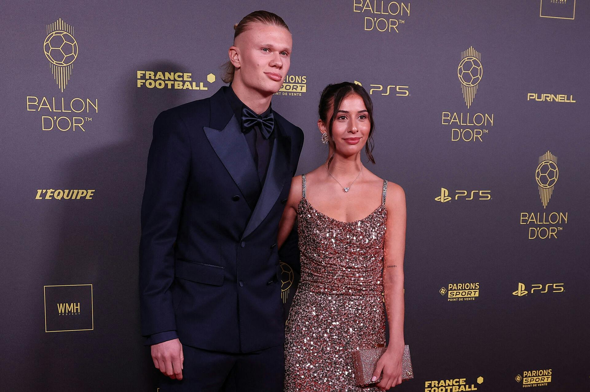 Manchester City's Norwegian forward Erling Haaland (L) and his wife Isabel Haugseng Johansen pose prior to the 2023 Ballon d'Or France Football award ceremony at the Theatre du Chatelet in Paris on October 30, 2023. FRANCK FIFE / AFP