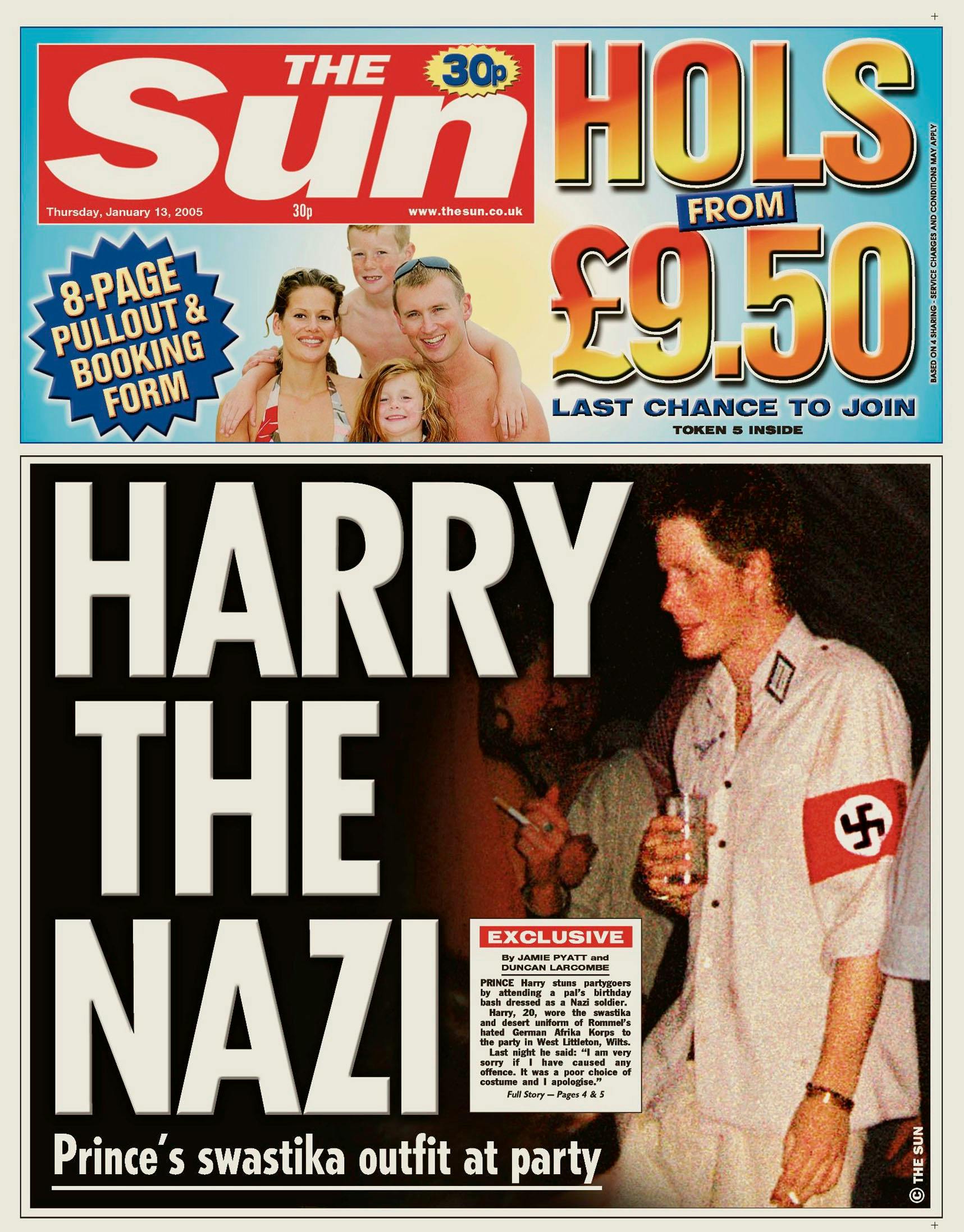 Den famøse forside på The Sun, hvor Harry blev foreviget med hagekors på armen.  