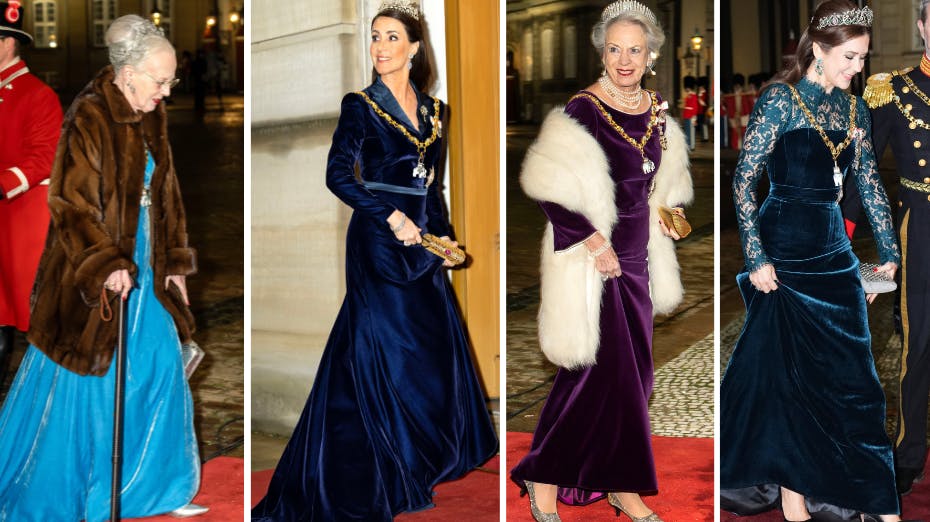 Både prinsesse Benedikte, prinsesse Marie, dronning Margrethe og dronning Mary bar samme type kjole til den traditionsrige nytårskur i Christian VII's Palæ på Amalienborg: Velour. 