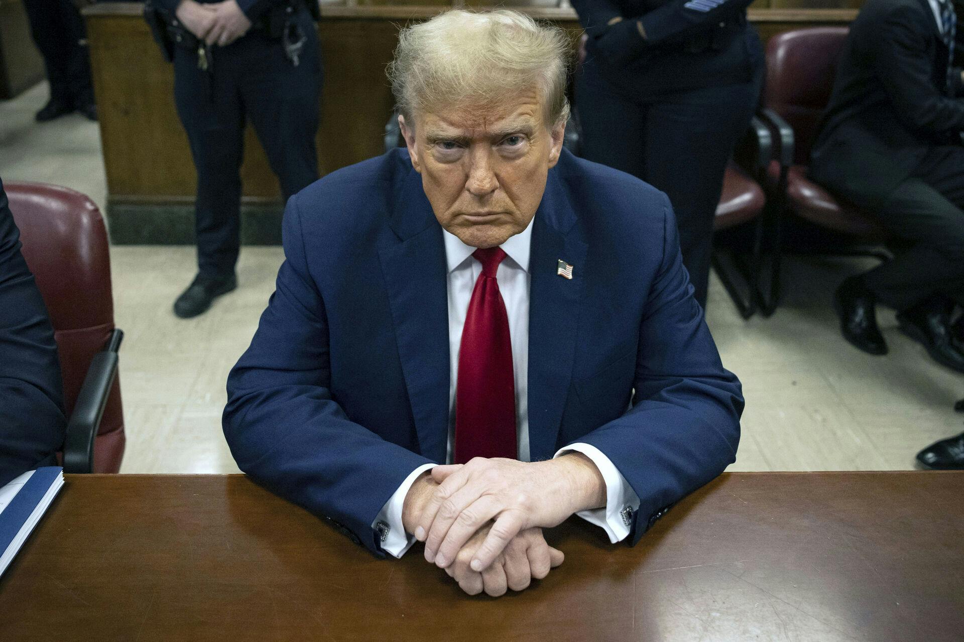 FILE - Former President Donald Trump waits for the start of proceedings in Manhattan criminal court, April 23, 2024, in New York. (AP Photo/Yuki Iwamura, Pool, File)