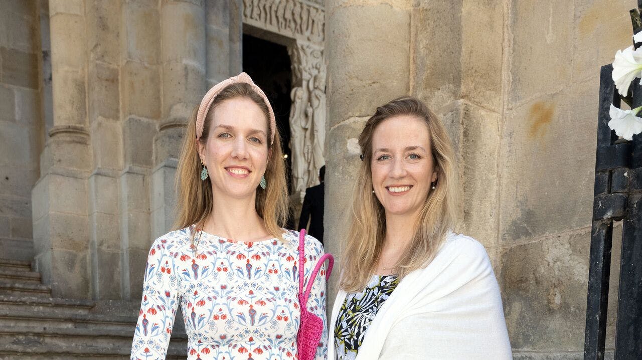 Princess Leopoldine of Liechtenstein and Princess Maria-Immaculata of Liechtenstein, arrive at the Royal wedding ceremony at Saint-Lazare cathedral in Autun, on July 8, 2023, France.