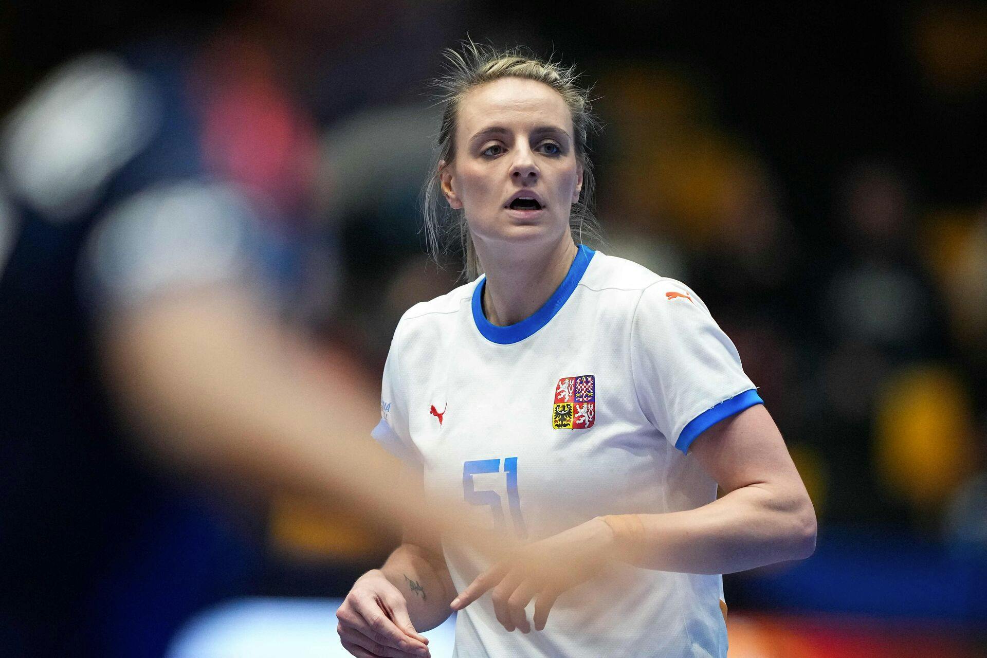 Czech Republic's left back #51 Marketa Jerabkova looks on during the quarter final match between France and Czech Republic of the IHF World Women's Handball Championship in Trondheim, Norway on December 12, 2023. (Photo by Beate Oma Dahle / NTB / AFP) / Norway OUT