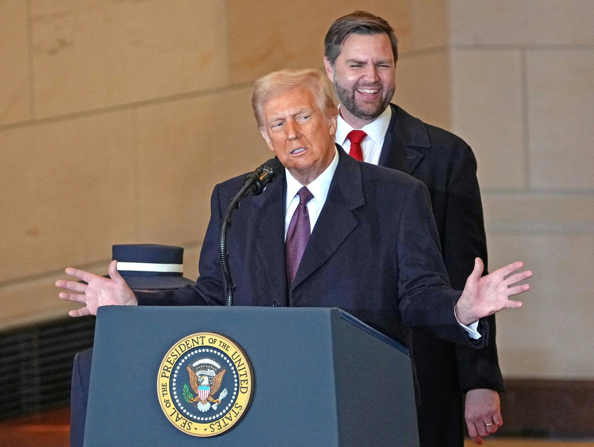 President Donald Trump speaks to the crowd in Emancipation Hall at the U.S. Capitol after being sworn in as the 47th president of the United State on Monday, January 20, 2025 in Washington, DC. BONNIE CASH/Pool via REUTERS