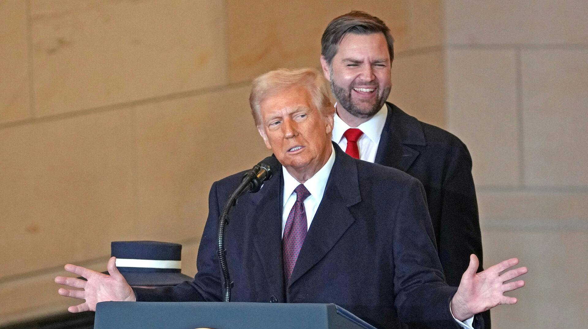President Donald Trump speaks to the crowd in Emancipation Hall at the U.S. Capitol after being sworn in as the 47th president of the United State on Monday, January 20, 2025 in Washington, DC. BONNIE CASH/Pool via REUTERS