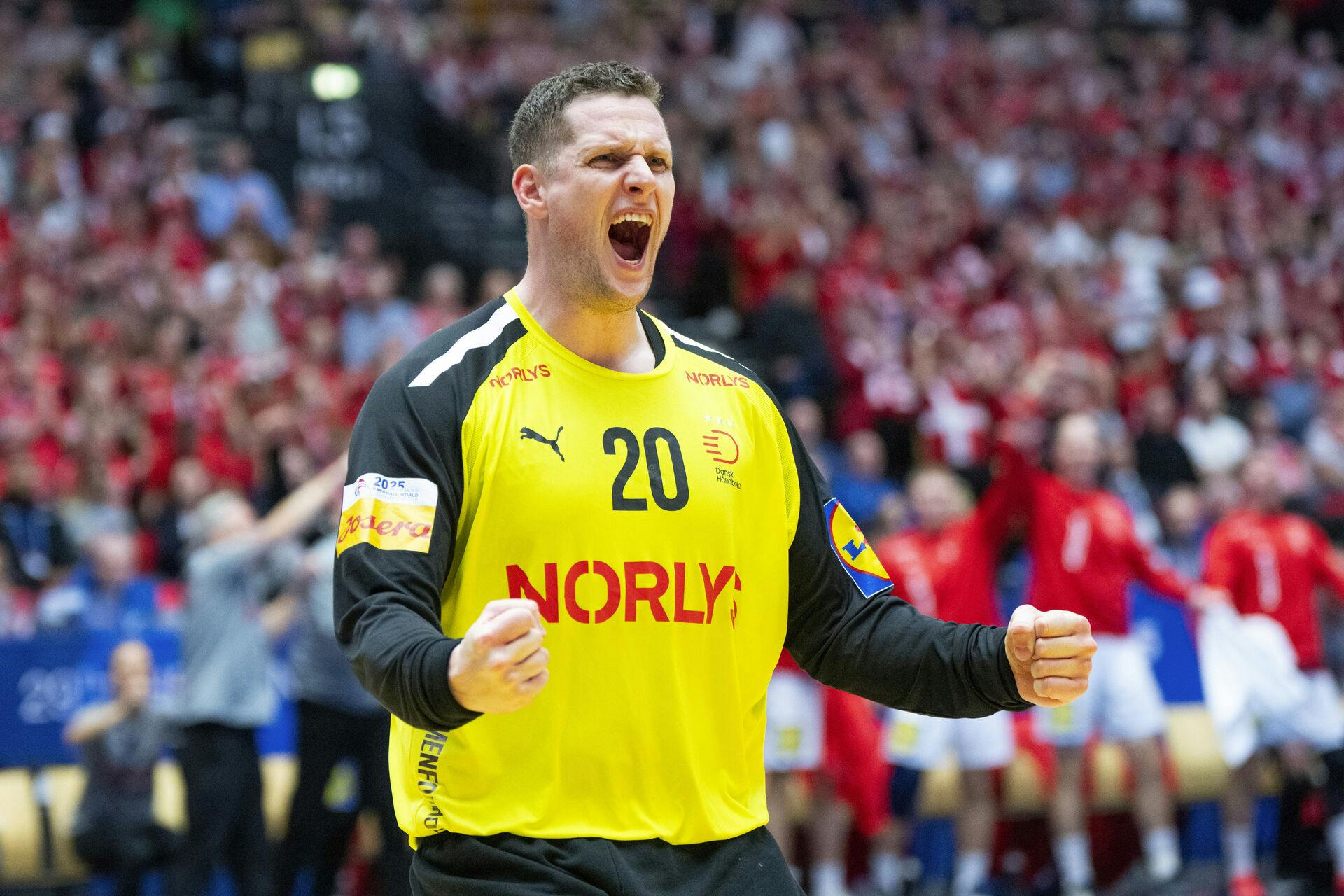 Denmark's goalkeeper Kevin Kam Møller reacts after a save during the World Championship match in Main Round group 1 between Denmark and Germany at Jyske Bank Boxen in Herning on Tuesday, January 21, 2025. (Photo: Bo Amstrup/Ritzau Scanpix)