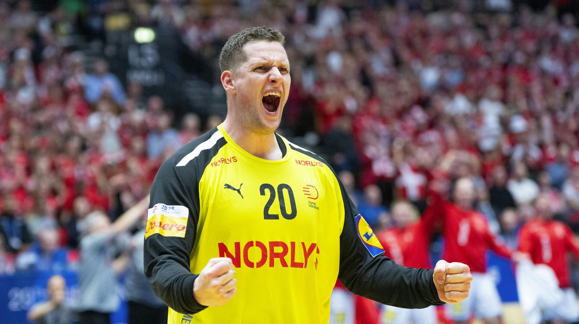 Denmark's goalkeeper Kevin Kam Møller reacts after a save during the World Championship match in Main Round group 1 between Denmark and Germany at Jyske Bank Boxen in Herning on Tuesday, January 21, 2025. (Photo: Bo Amstrup/Ritzau Scanpix)
