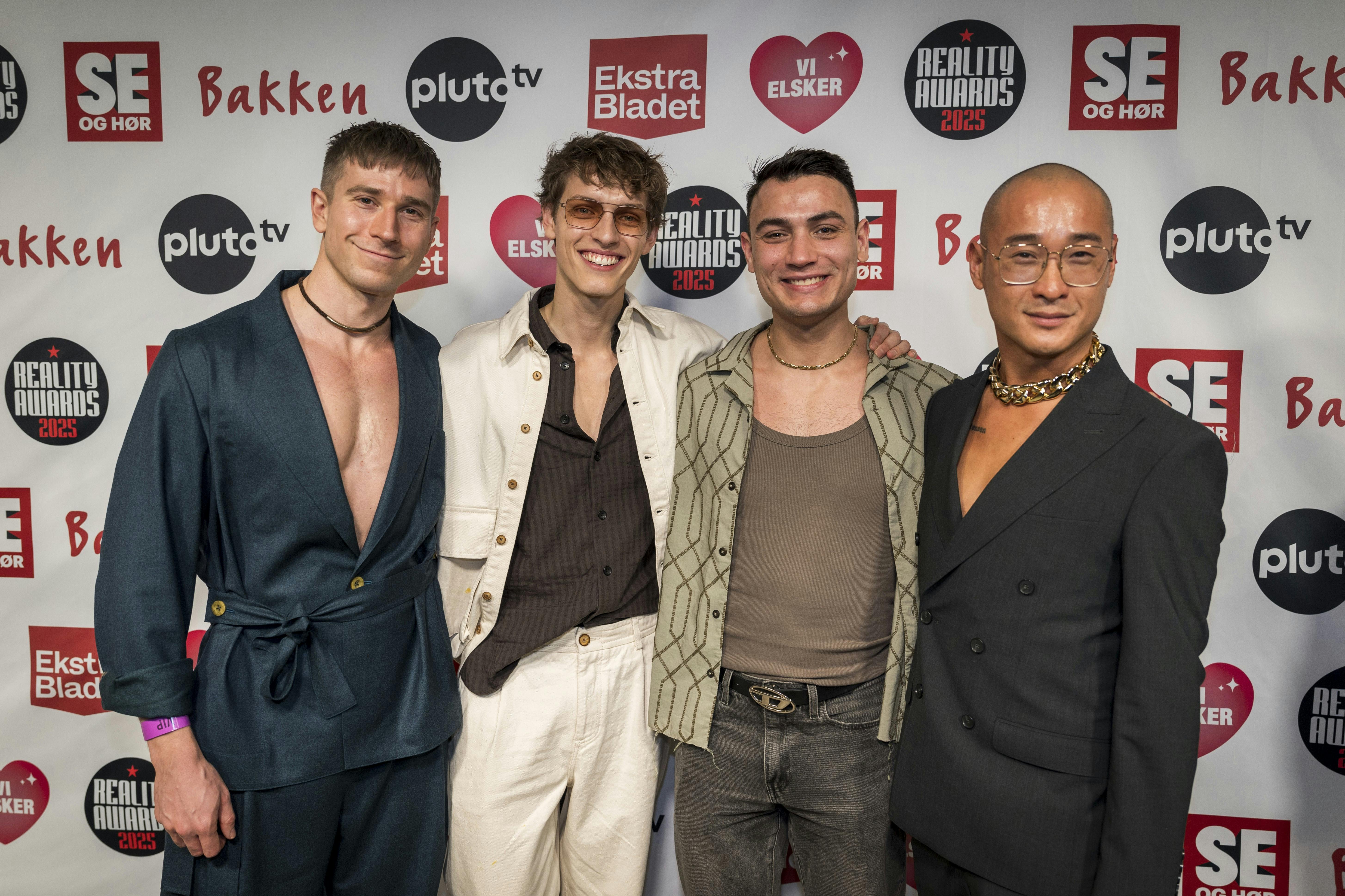 Matias Vestergård ("Forræder"), Oskar Dalsjø ("Korpset"), Anders Egelund ("Bachelorette") og Morten Mortensen ("Gift ved første blik") til Reality Awards 2025.