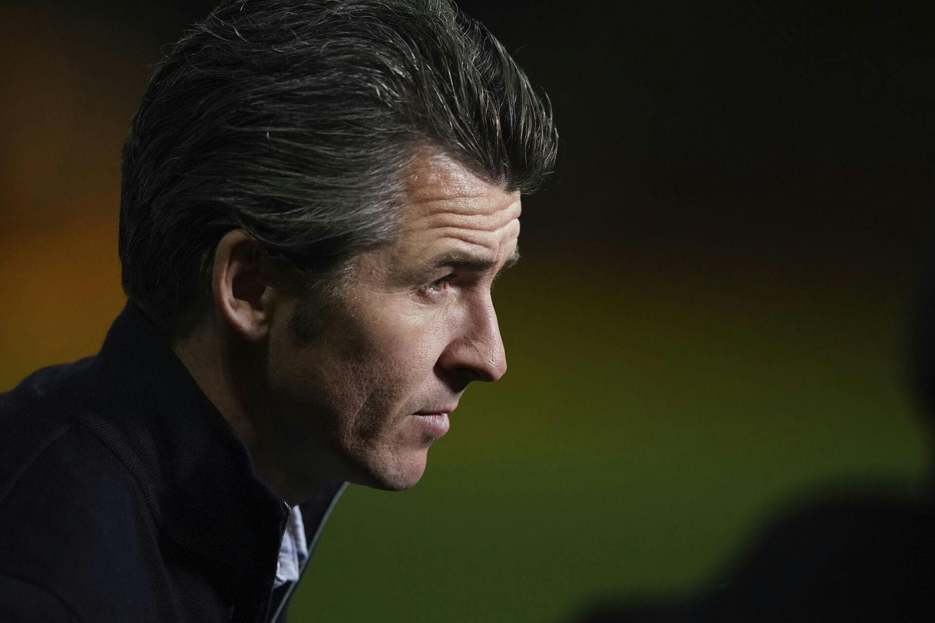 Fleetwood Town's manager Joey Barton talks to the media after the English League Cup third round soccer match between Fleetwood Town and Everton at the Highbury Stadium in Fleetwood, England, Wednesday, Sept. 23, 2020. (Dave Thompson/Pool via AP)