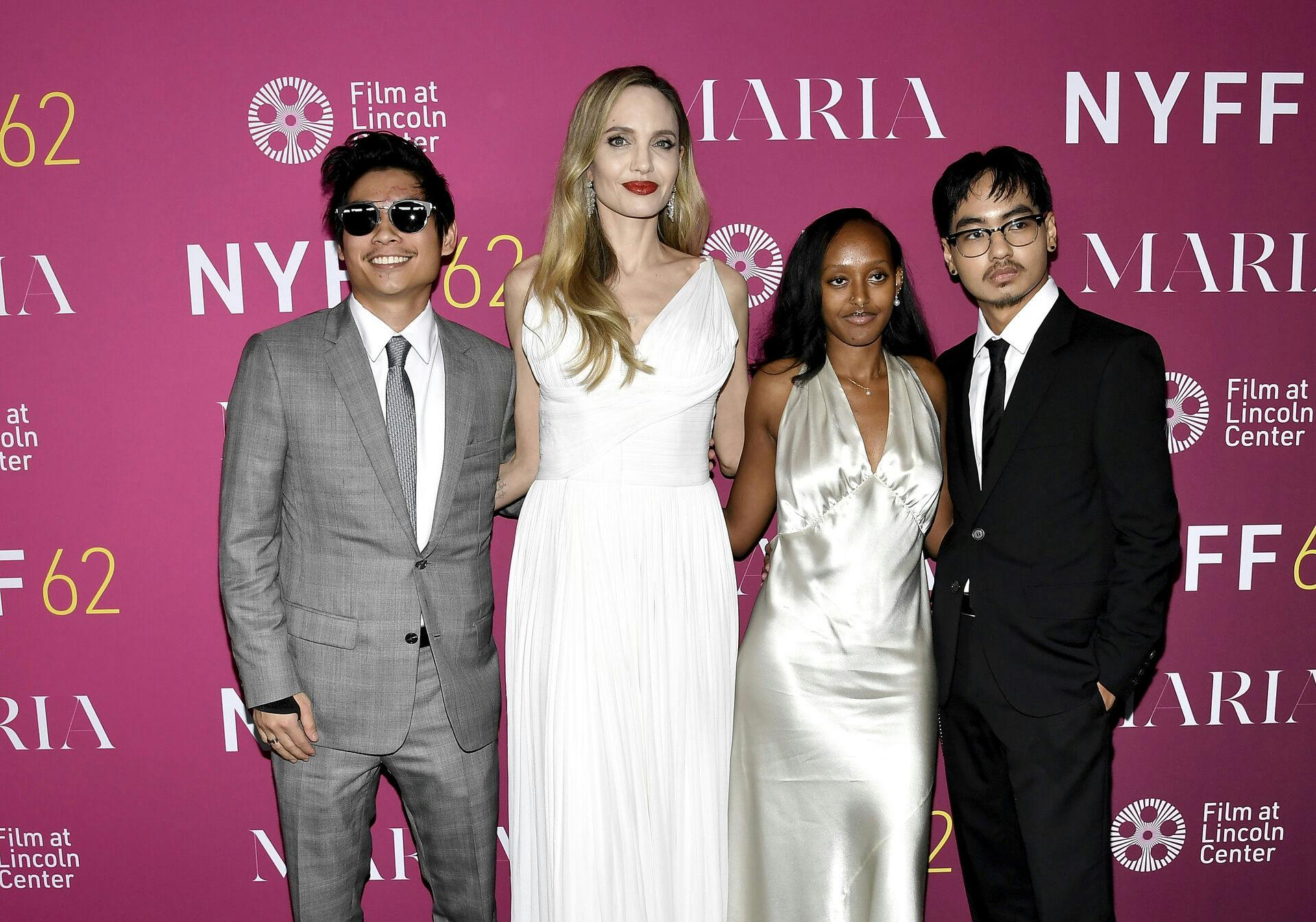 Pax Jolie-Pitt, left, Angelina Jolie, Zahara Jolie and Maddox Jolie-Pitt attends the "Maria" premiere during the 62nd New York Film Festival at Alice Tully Hall on Sunday, Sept. 29, 2024, in New York. (Photo by Evan Agostini/Invision/AP)