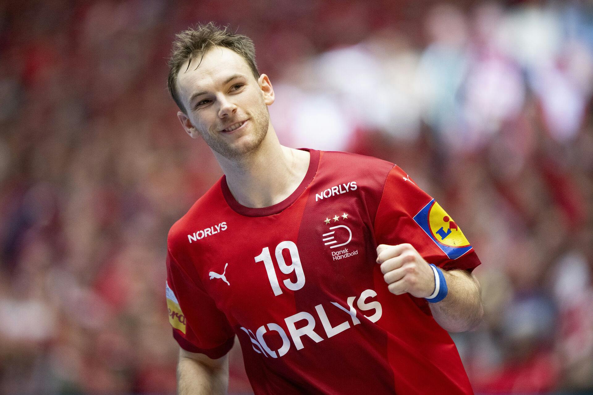 Denmark's Mathias Gidsel reacts after a goal during the World Championship match in Main Round group 1 between Denmark and Switzerland at Jyske Bank Boxen in Herning on Thursday, January 23, 2025. (Photo: Bo Amstrup/Ritzau Scanpix)