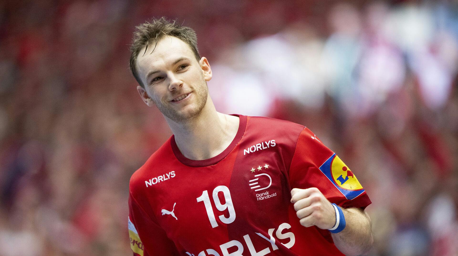 Denmark's Mathias Gidsel reacts after a goal during the World Championship match in Main Round group 1 between Denmark and Switzerland at Jyske Bank Boxen in Herning on Thursday, January 23, 2025. (Photo: Bo Amstrup/Ritzau Scanpix)
